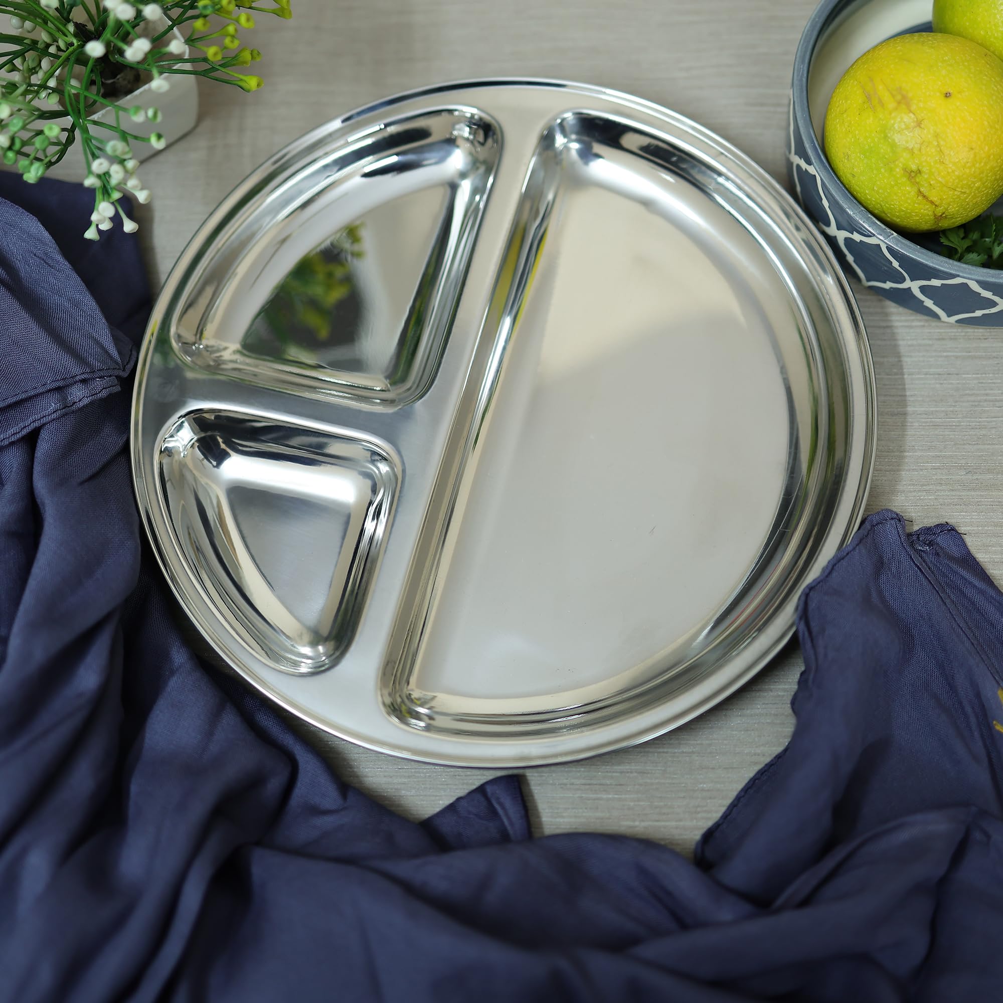 Kanshita's Premium Stainless Steel 3-Compartment Divided Thali Plate - Ideal for Lunch, Dinner & Indian Meals (Pack of 1) | Perfect for Home Dining, Office Meals & Restaurant Serving