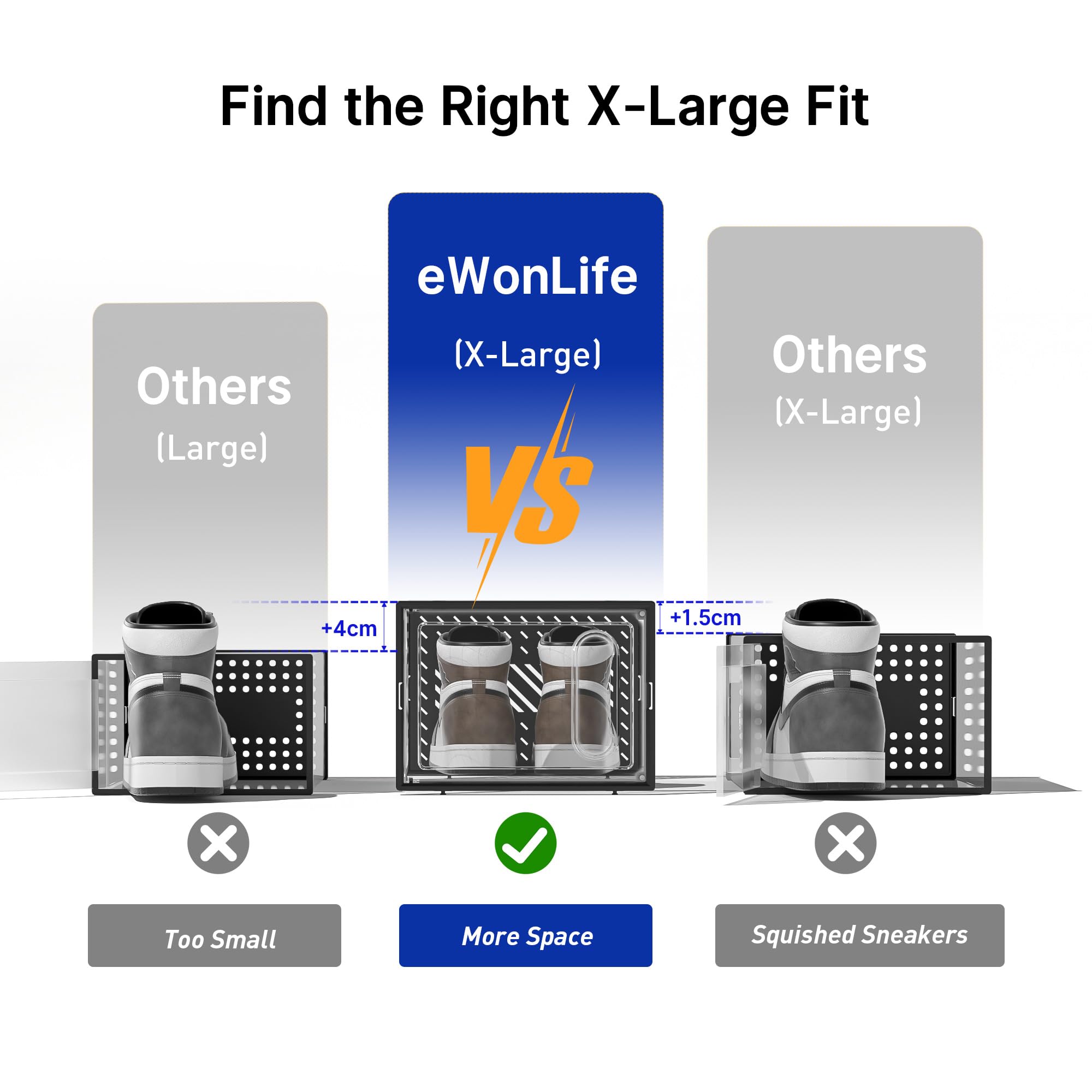 eWonLife 12-Pack X-Large Clear Plastic Stackable Shoe Storage Boxes with Magnetic Door - Organizer for Sneakers, Boots & Heels up to Size 12 - Space-Saving Closet & Entryway Shoe Rack System for Home Organization