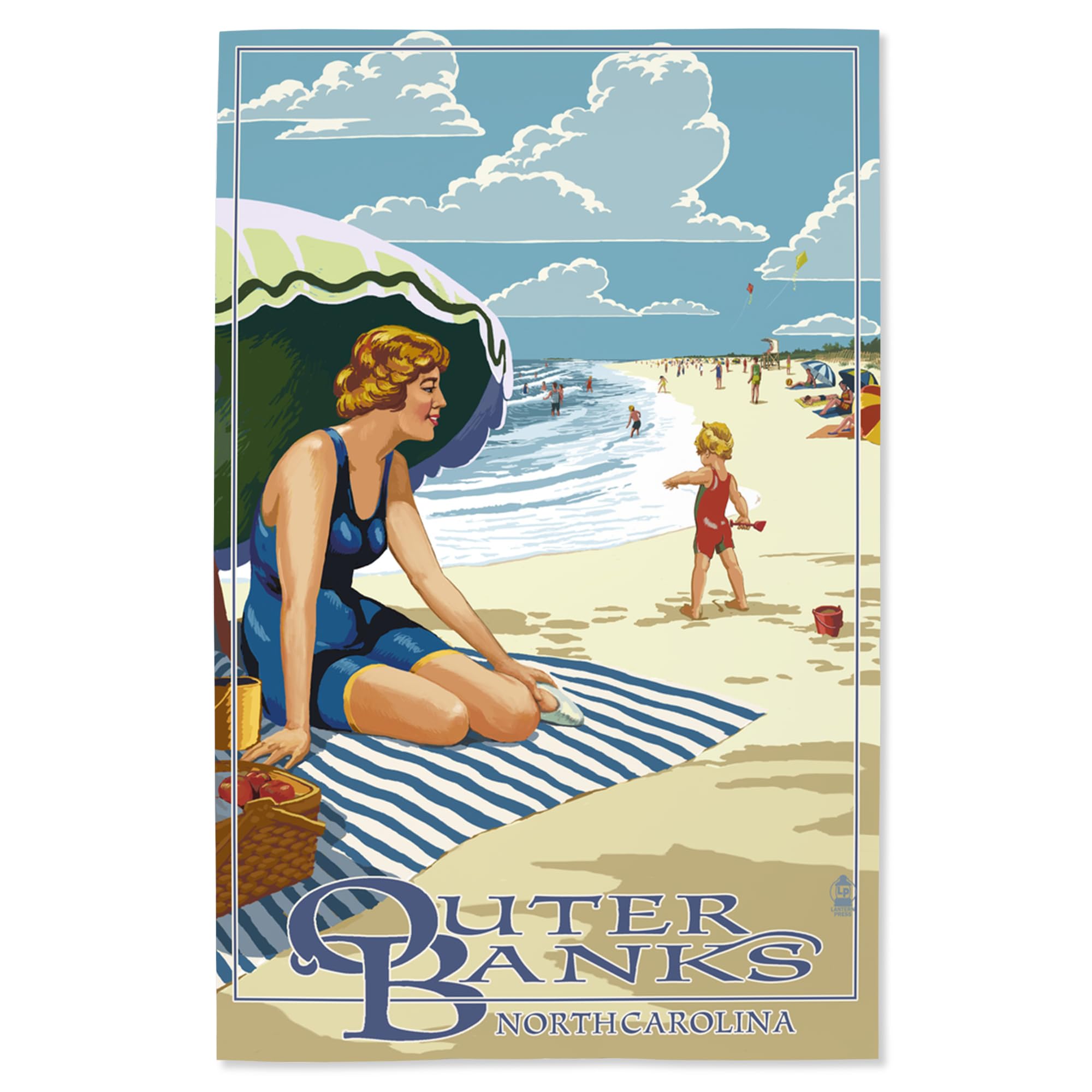 Lantern Press 16x24 Inch Giclee Art Print - Outer Banks North Carolina Coastal Scene with Woman on Beach - Perfect for Living Room, Bedroom or Beach House Decor