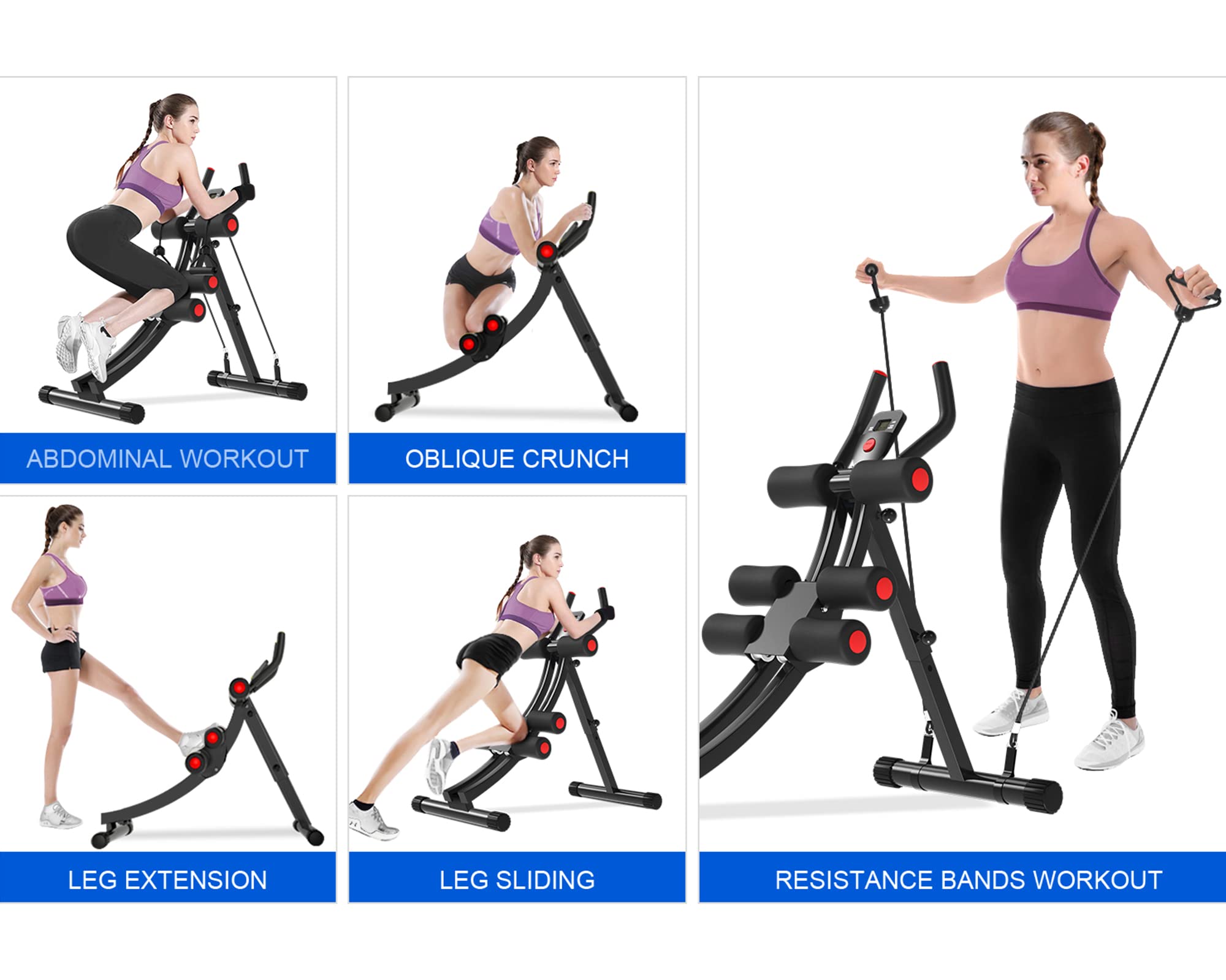 COSTWELL Adjustable Ab Machine for Core Strength Training - Foldable Abdominal Workout Equipment with 2 Resistance Bands for Home Gym | Perfect for Stomach Toning & Waist Training Exercises