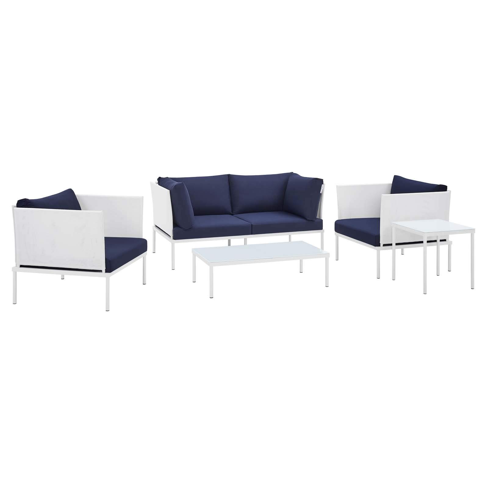 Modway Harmony 5-Piece Outdoor Patio Furniture Set - White & Navy Sunbrella Cushions, Aluminum Frame - Perfect for Backyard, Poolside & Garden Relaxation