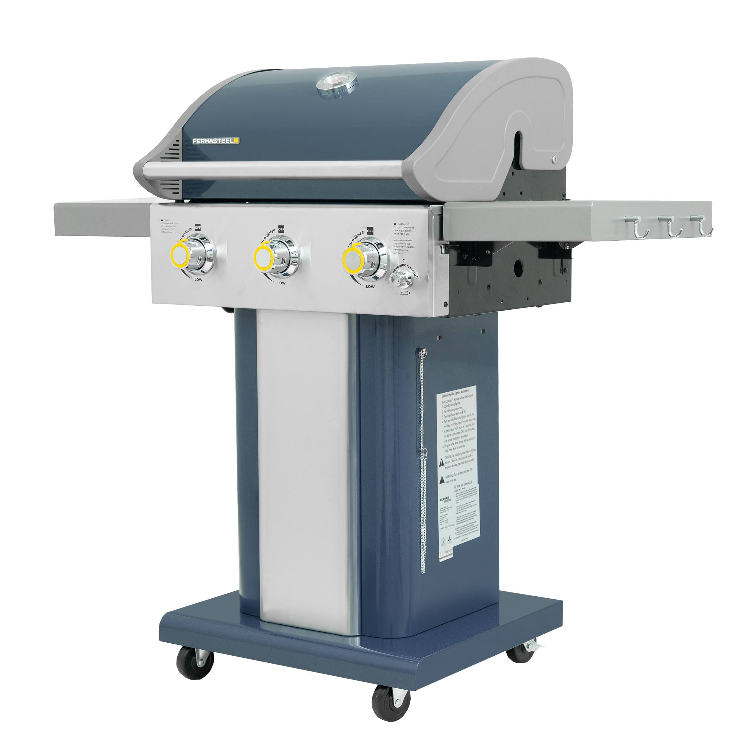 Premium Permasteel 3-Burner Propane Gas Grill - 30,000 BTU Outdoor BBQ Grill with Cast Iron Grates, Foldable Side Tables & Tool Hooks - Perfect for Backyard, Patio, and Camping - Azure Blue