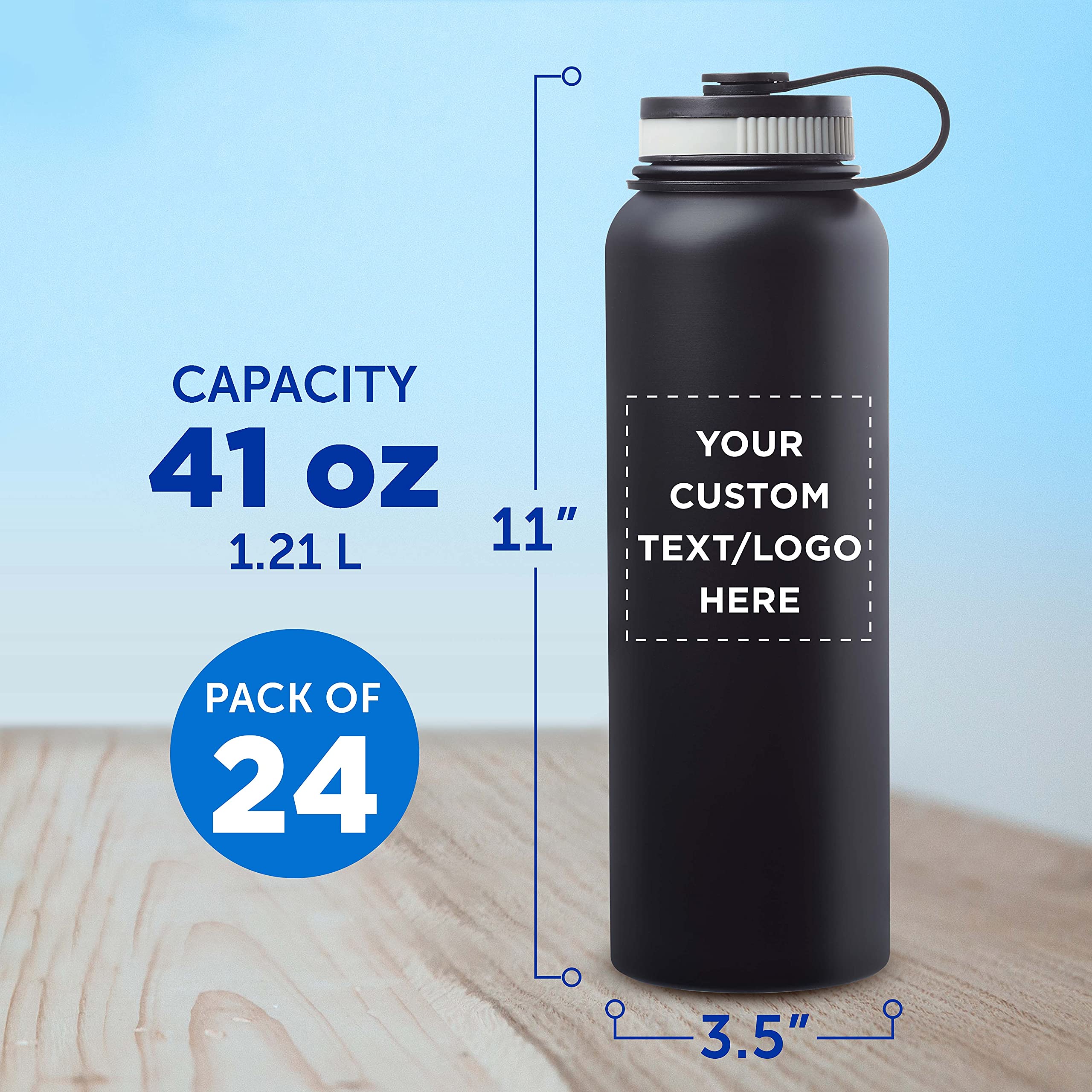 24 oz Stainless Steel Vacuum Insulated Water Bottle Set - Double Wall, Leak Proof, Custom Text & Logo - Perfect for Gym, Hiking, Office & Travel - Black