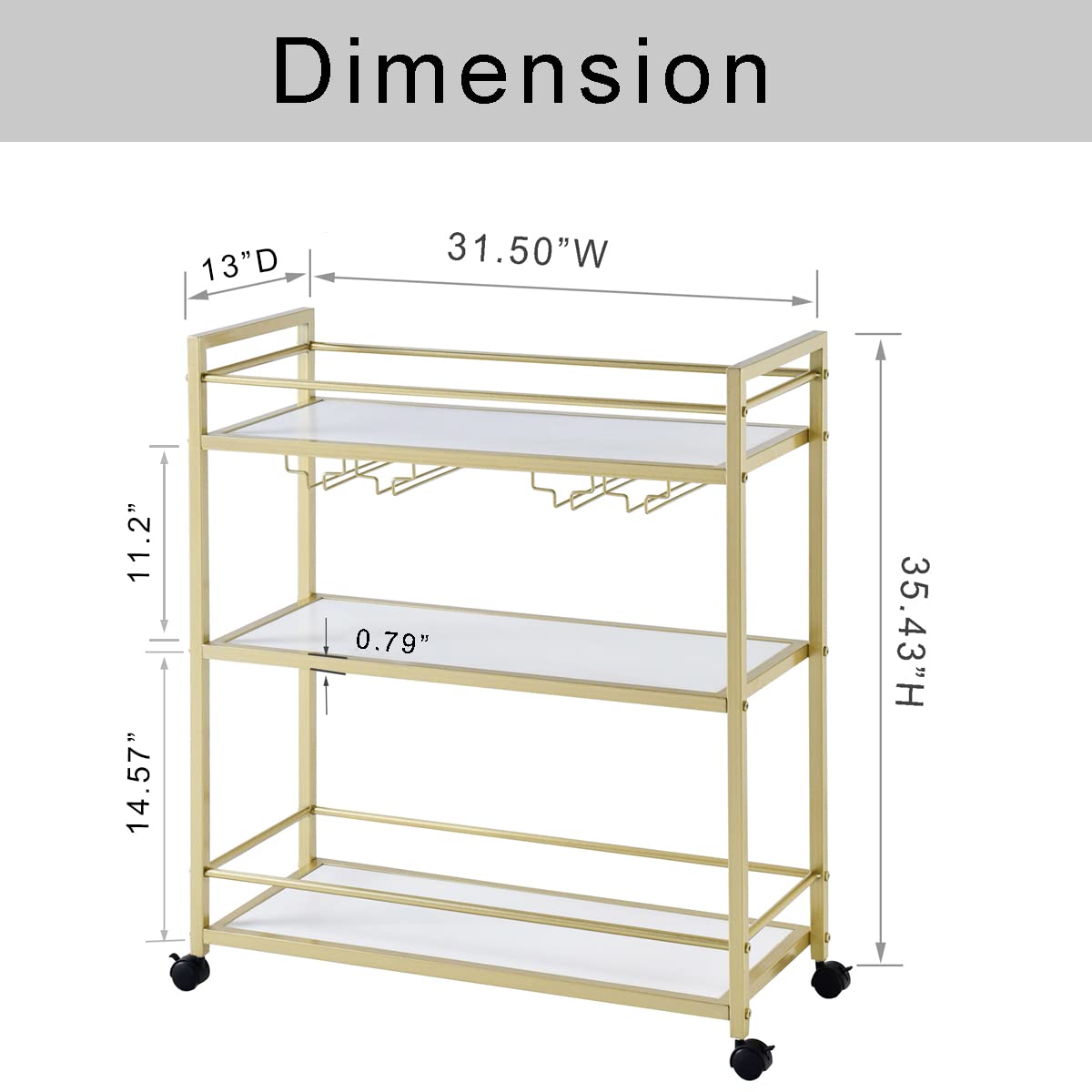 Gold Bar Cart with 3 Shelves - Rolling Wine Glass & Bottle Storage Serving Cart for Kitchen, Living Room, Bar (31.5”W, White) - Perfect for Home Entertaining, Parties & Small Space Storage
