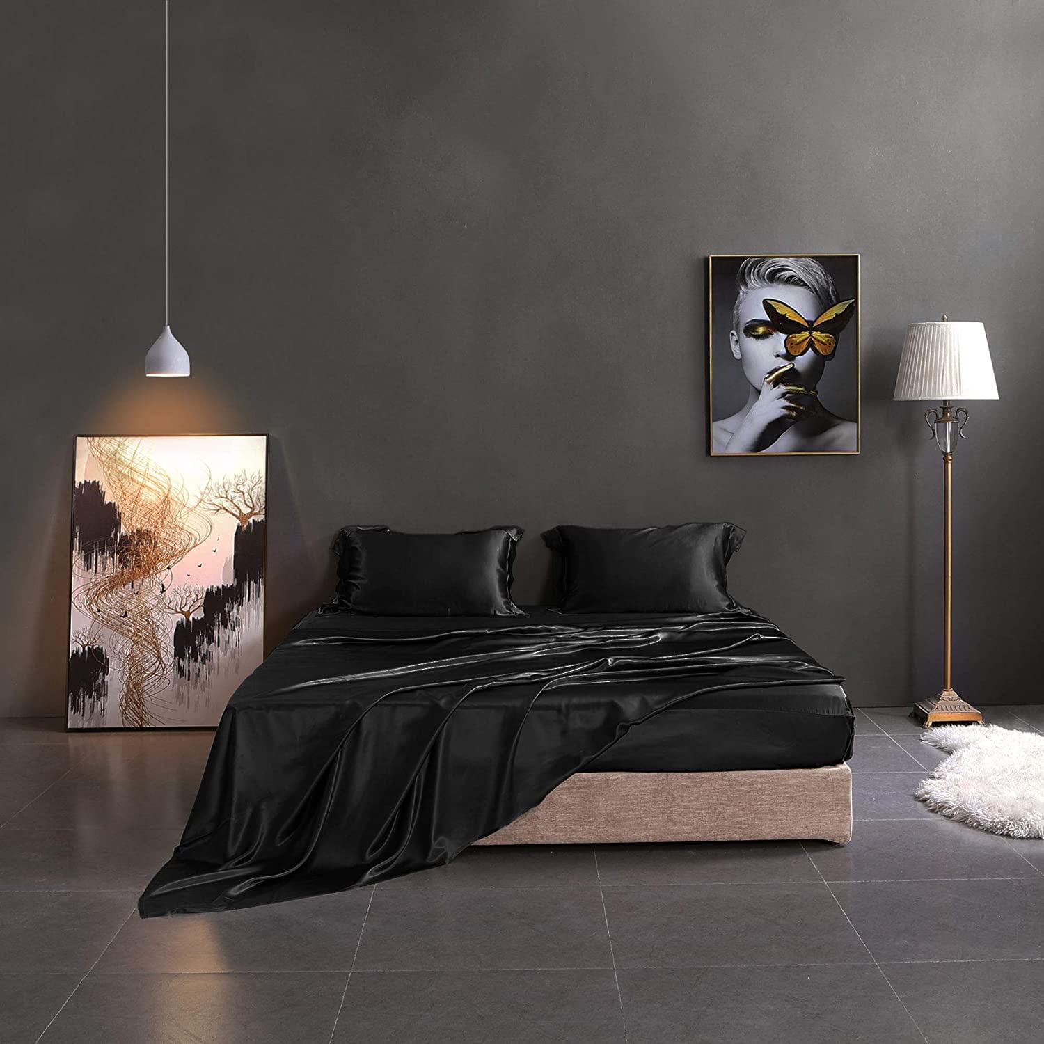 THXSILK 19mm 100% Pure Mulberry Silk Flat Sheet - Queen Size Black - Ultra Soft & Durable Luxury Bedding for Hotel & Home Use - High End Silk Bed Sheet for Better Sleep & Skin Care