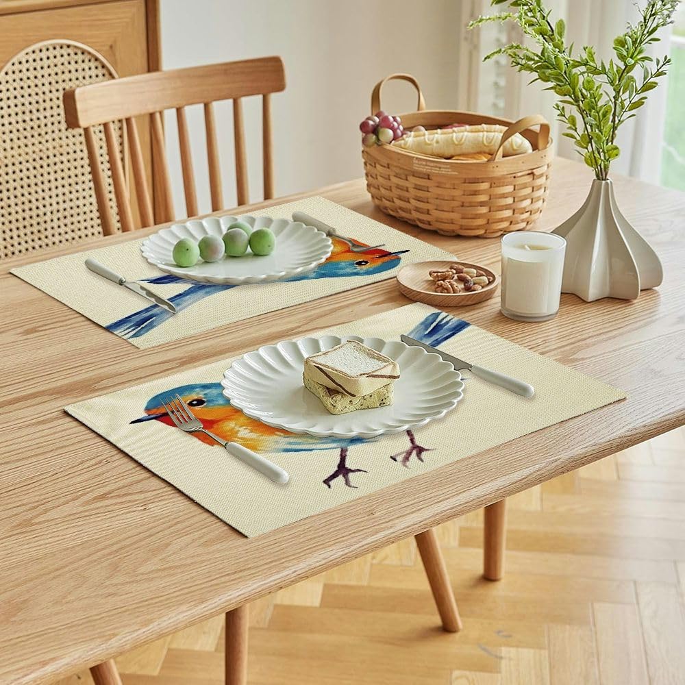 Yellow Floral Bird Placemats Set of 4 - 18x12 Inch Washable Linen Burlap Table Mats with Heat Insulation for Dining & Kitchen - Elegant Double-Layer Floral Table Decor for Home, Parties & Outdoor Dining