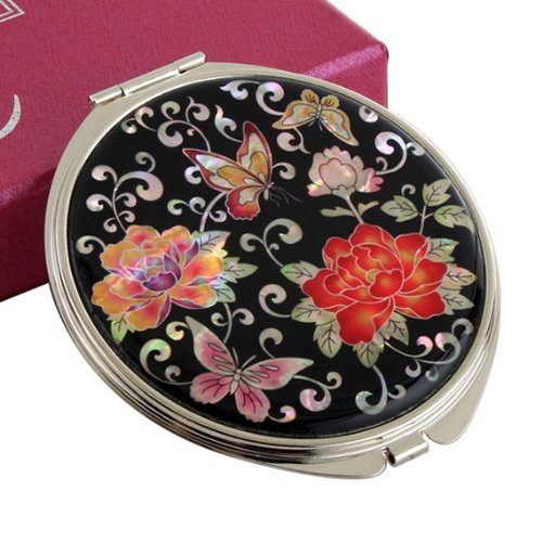 2X/1X Magnification Compact Mirror - Mother of Pearl Design, Portable Travel Makeup Mirror for Women, Gift for Mom (Red Peony) - Perfect for Purses & On-the-Go Touch Ups
