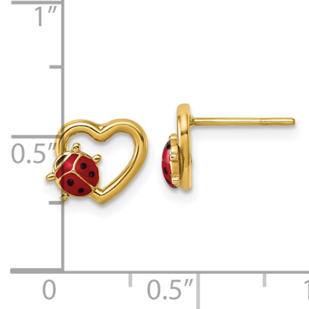 14K Gold Ladybug Stud Earrings with Heart Charm - Cute & Elegant Jewelry Gift for Women, Perfect for Valentine's Day, Birthday & Everyday Wear