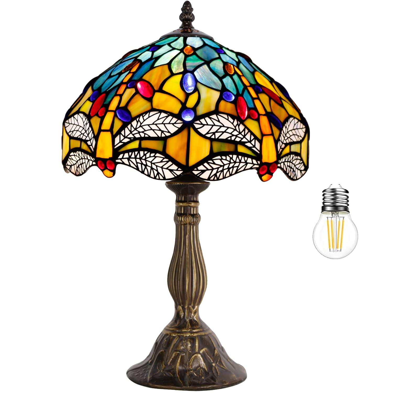 WERFACTORY Tiffany Style Dragonfly Table Lamp - 12x12x18 Inch Stained Glass Sea Blue & Yellow Nautical Desk Light for Bedroom, Living Room, Home Office Decor | Perfect for Reading, Bedside Lighting & Coastal Theme Interior Design (S128 Series)