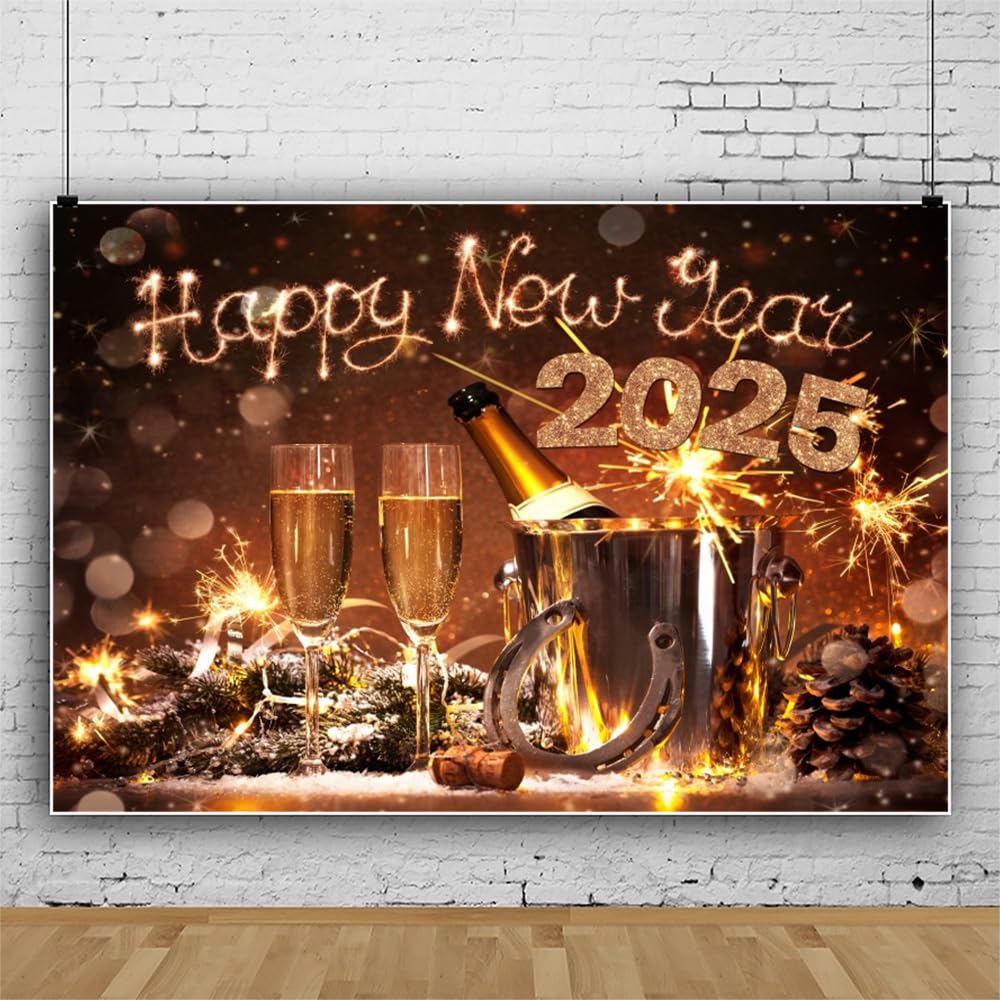Leowefowa 9x6ft New Year's Eve 2025 Backdrop - Lucky Horseshoe & Champagne Fireworks Bokeh Photo Background for Christmas & NYE Party Decorations - Perfect for Home Celebrations, Photo Booths & Social Media Posts
