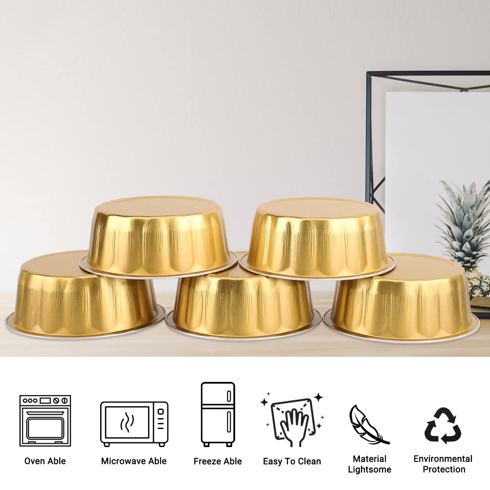 EUSOAR 50-Pack Gold Aluminum Foil Baking Cups - 8oz Disposable Cupcake Liners & Creme Brulee Ramekins | Reusable Flan Molds & Dessert Containers with Lids | Perfect for Baking, Party Treats & Food Storage