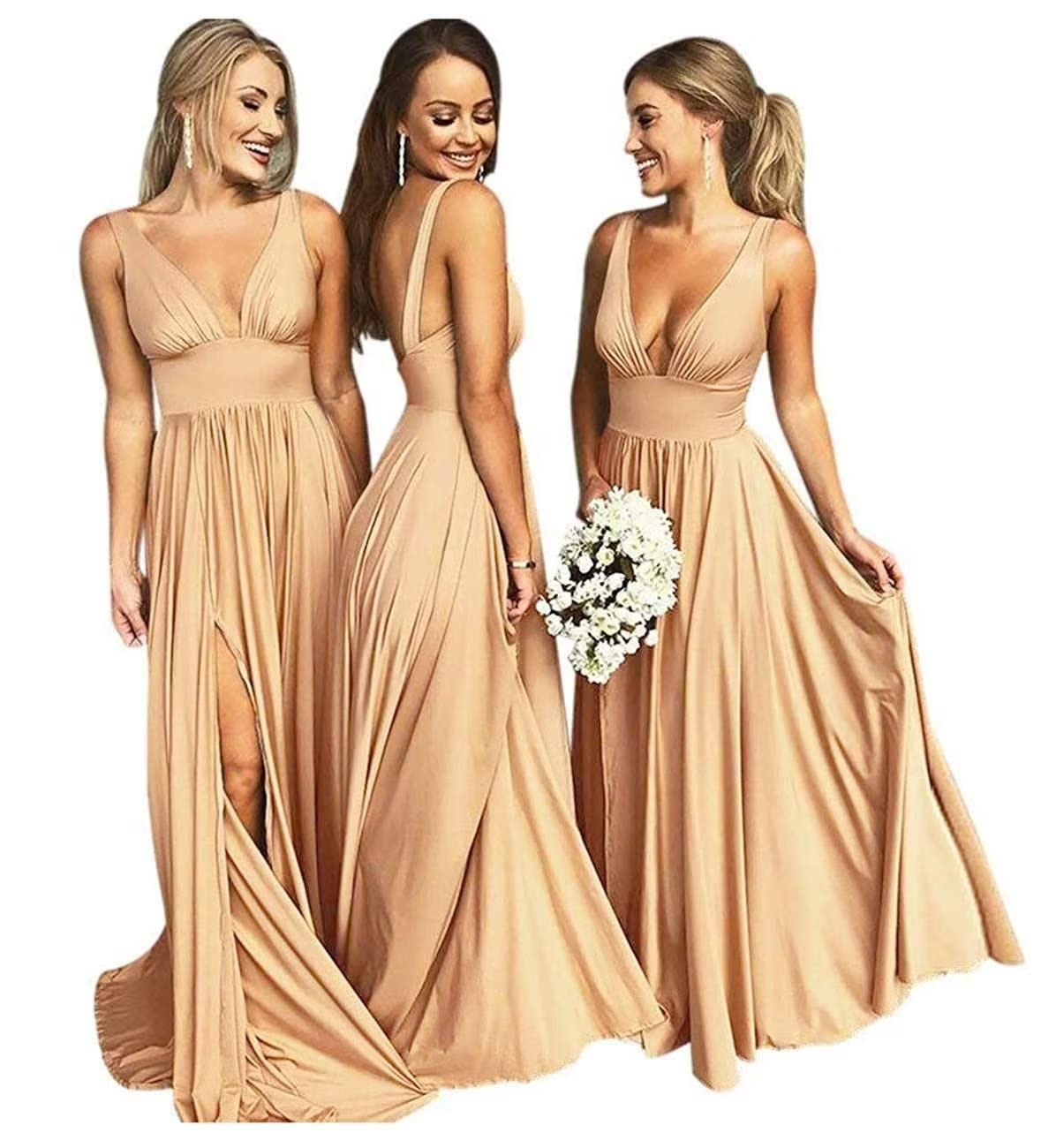 Elegant V-Neck Satin Bridesmaid Dresses for Wedding, Long A-Line Formal Gowns with Split for Prom & Evening Events - Perfect for Wedding Parties, Bridal Showers & Special Occasions