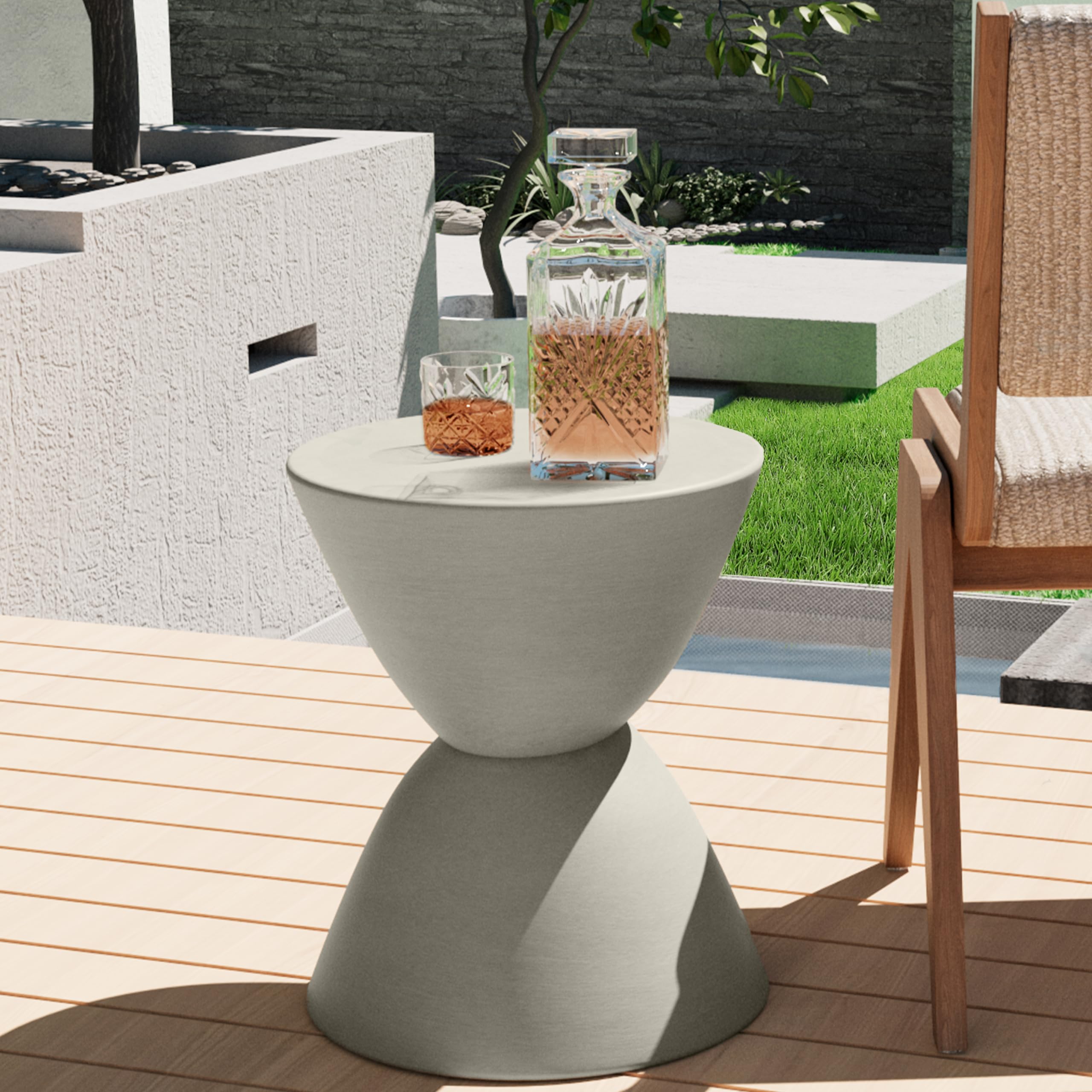 Outdoor Side Tables for Patio - Set of 2 Hourglass-Shaped Concrete End Tables, Modern Round Stone Coffee Table for Garden, Deck & Poolside Use