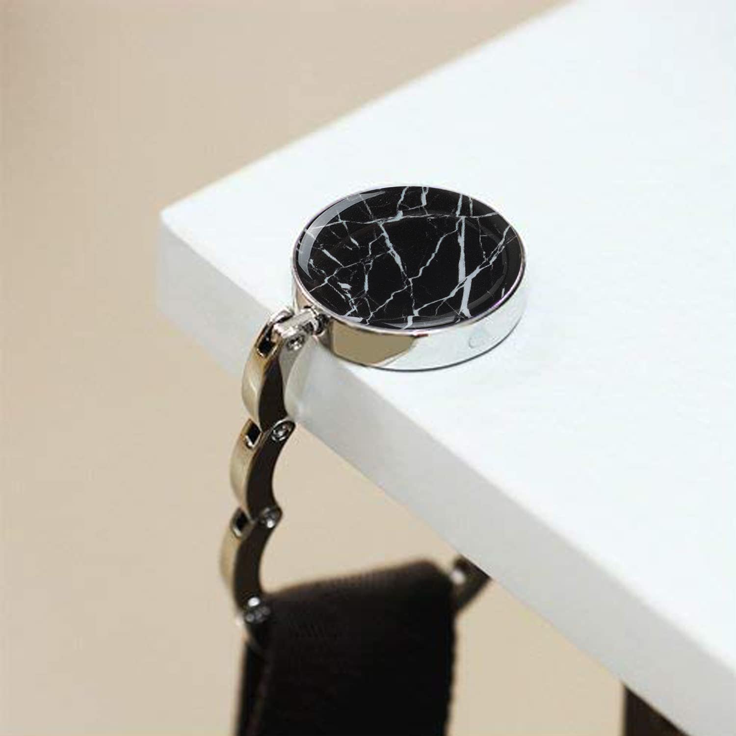 Foldable Purse Hook for Women - Black Marble Bag Hanger for Table & Desk - Portable Handbag Holder for Restaurants, Travel & Home Use (1 Pack)