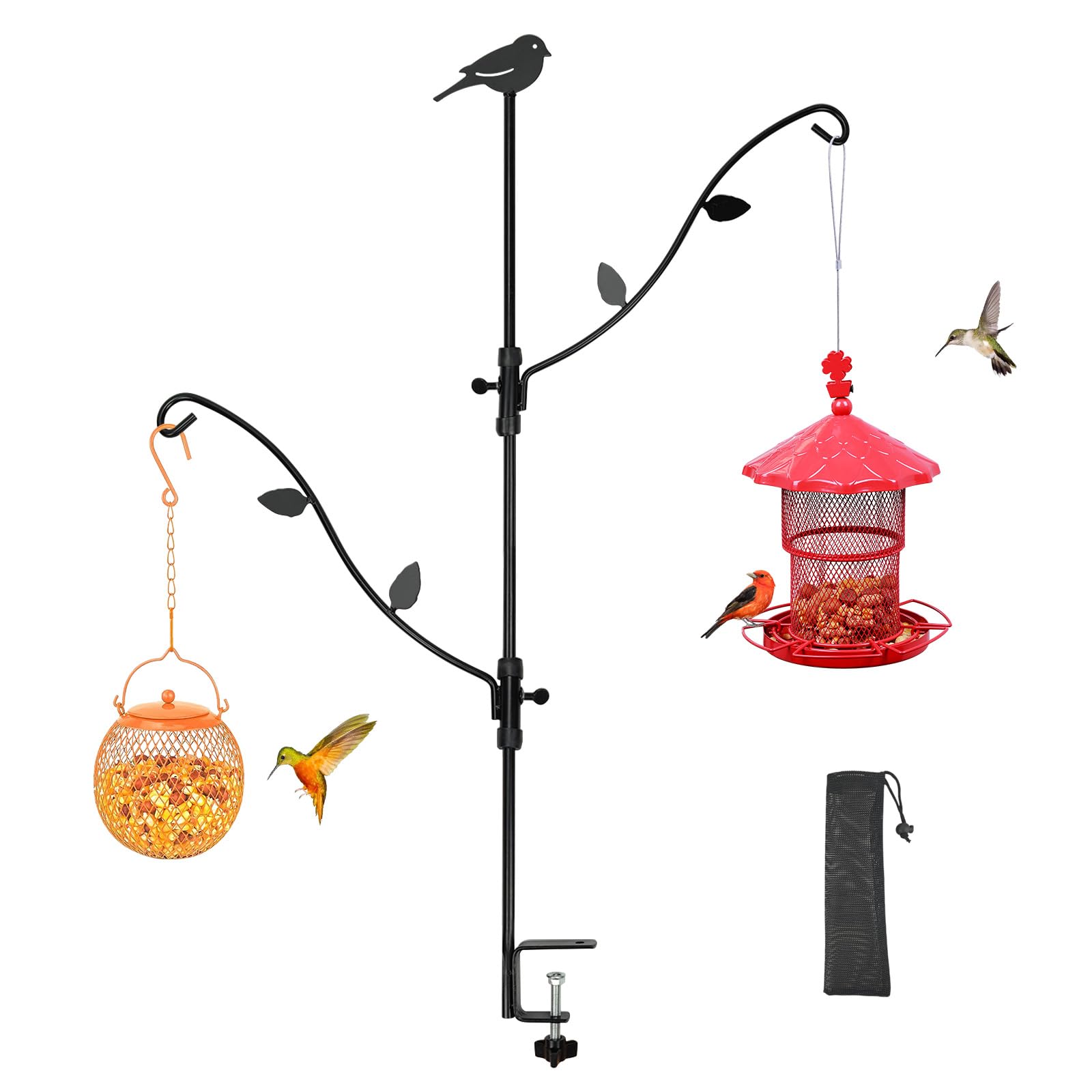 Deck Bird Feeder Pole with Multi-Hook & Adjustable Branches - Sturdy Outdoor Bird Feeding Station for Porch, Garden, or Patio - Attract Cardinals, Finches & More