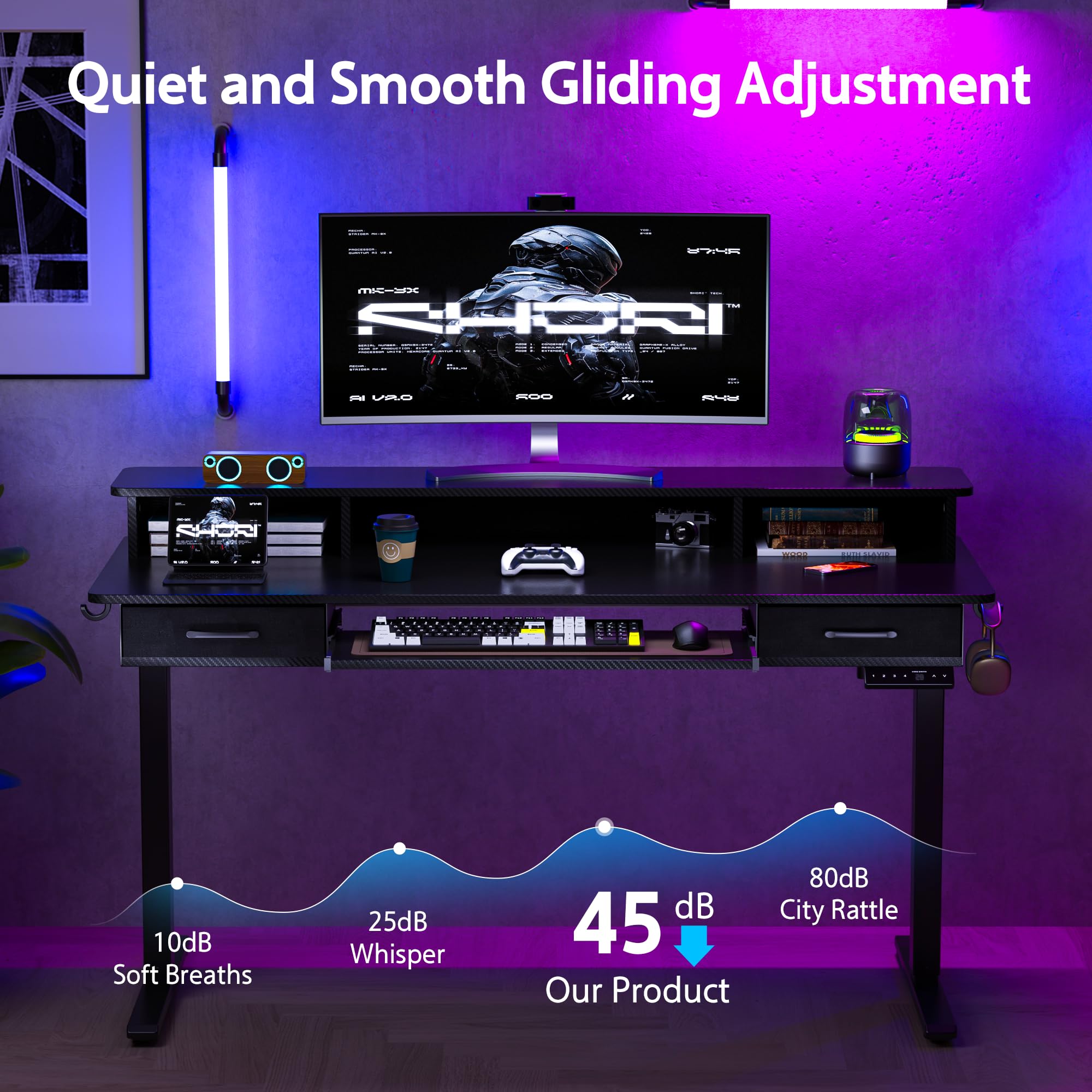 55x24 Inches Electric Height Adjustable Standing Desk with Keyboard Tray & 2 Storage Drawers - Ergonomic Sit to Stand Computer Workstation with Monitor Stand for Home Office, Gaming & Study (Black)