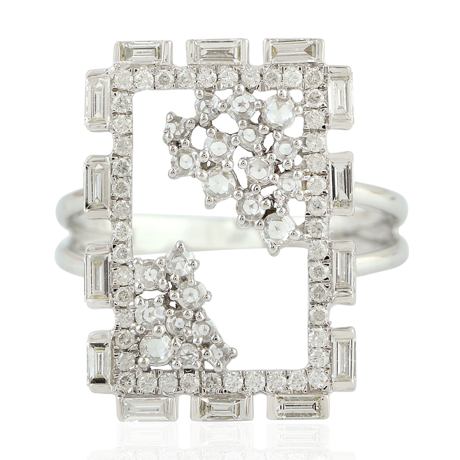 18K White Gold Rose Cut Diamond Baguette Geometric Ring for Women - Elegant Gift for Engagement, Anniversary & Special Occasions