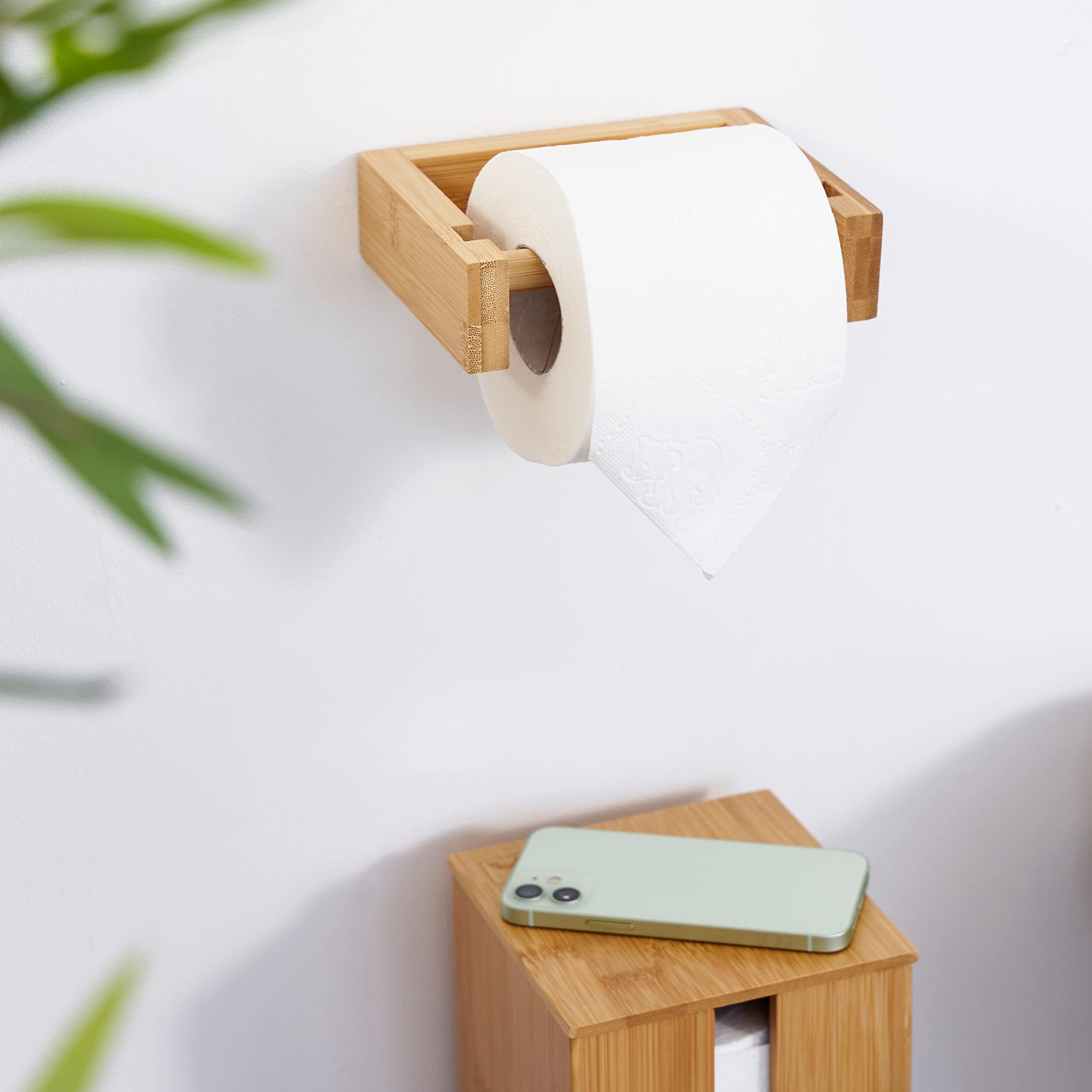 HENNEZ Bamboo Toilet Paper Holder Wall Mount - Adhesive Bathroom Tissue Roll Holder - Wooden Bathroom Storage Organizer - Perfect for Small Bathrooms, RVs, and Vanity Spaces