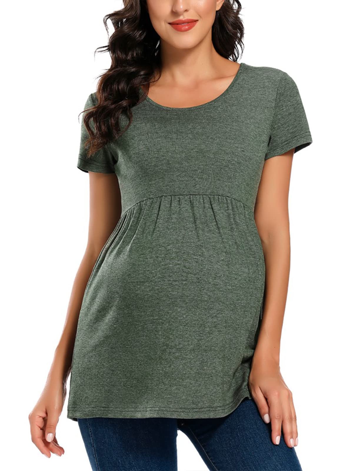 Jezero Women's Maternity Tops - Soft Stretch Pregnancy Shirts with Side Ruching, Round Neck, Short & Long Sleeve Options for Comfortable Everyday Wear at Work or Home