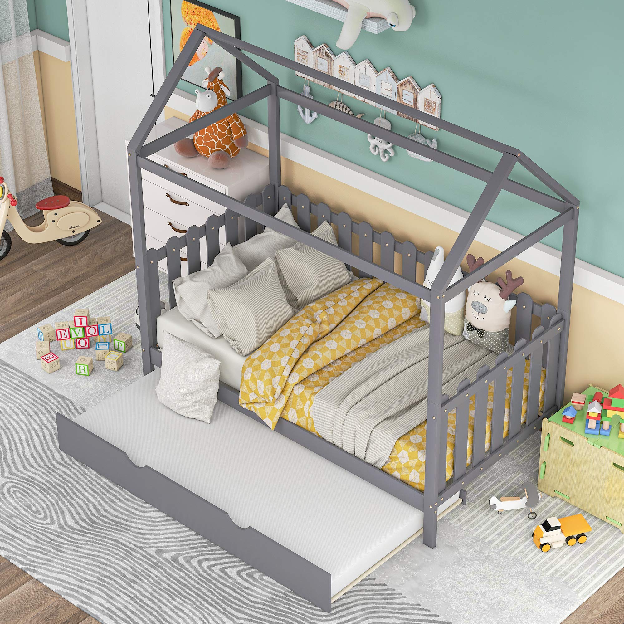 MOEO Twin Size Wooden House Bed with Trundle for Kids, Teens & Adults - Sturdy Bunk Bed Frame with Safety Guardrail, No Box Spring Needed, Gray - Perfect for Small Bedrooms, Guest Rooms & Kids' Play Areas