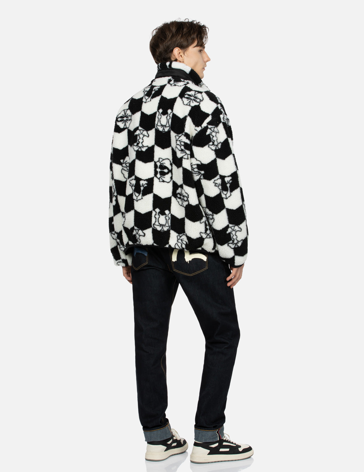 Monogram Jacquard Relax Fit Zipped Sherpa Jacket for Men - Cozy Fleece Lined Winter Coat with Front Pockets - Perfect for Outdoor Activities, Casual Wear & Cold Weather Fashion