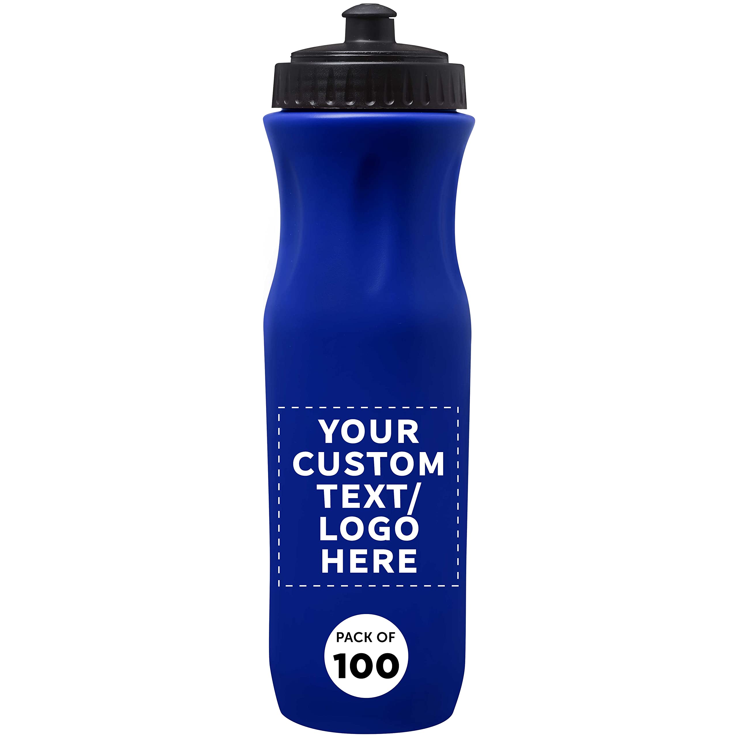 100 Pack 26 oz Plastic Water Bottles with Black Push Top Lid - Customizable Text & Logo - Bulk Reusable Water Bottles for Sports, Gym, School, and Outdoor Activities - Blue