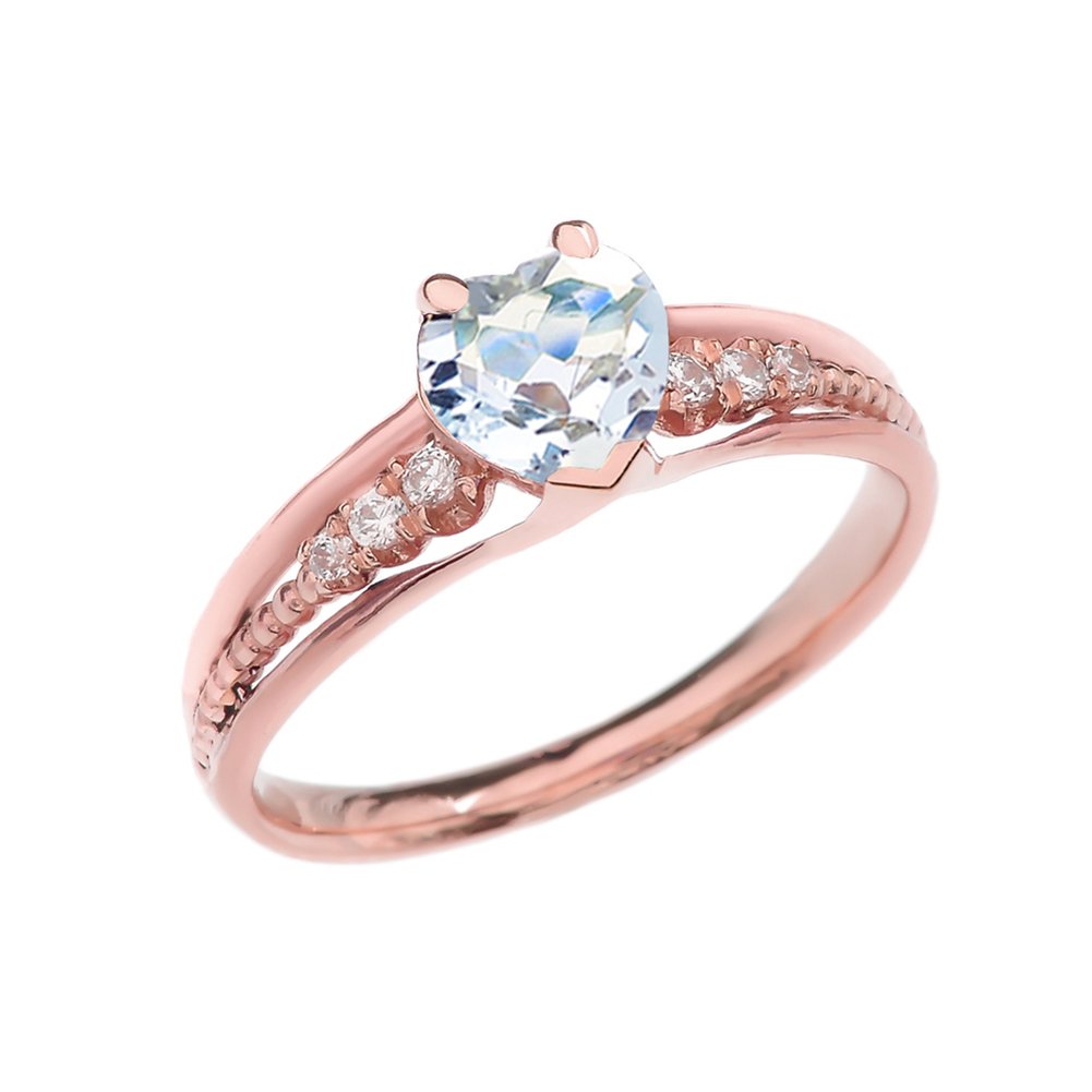 10K Rose Gold Diamond & March Birthstone Heart Beaded Promise Ring for Women - Elegant Gift for Anniversary, Engagement, Valentine's Day or Special Occasion