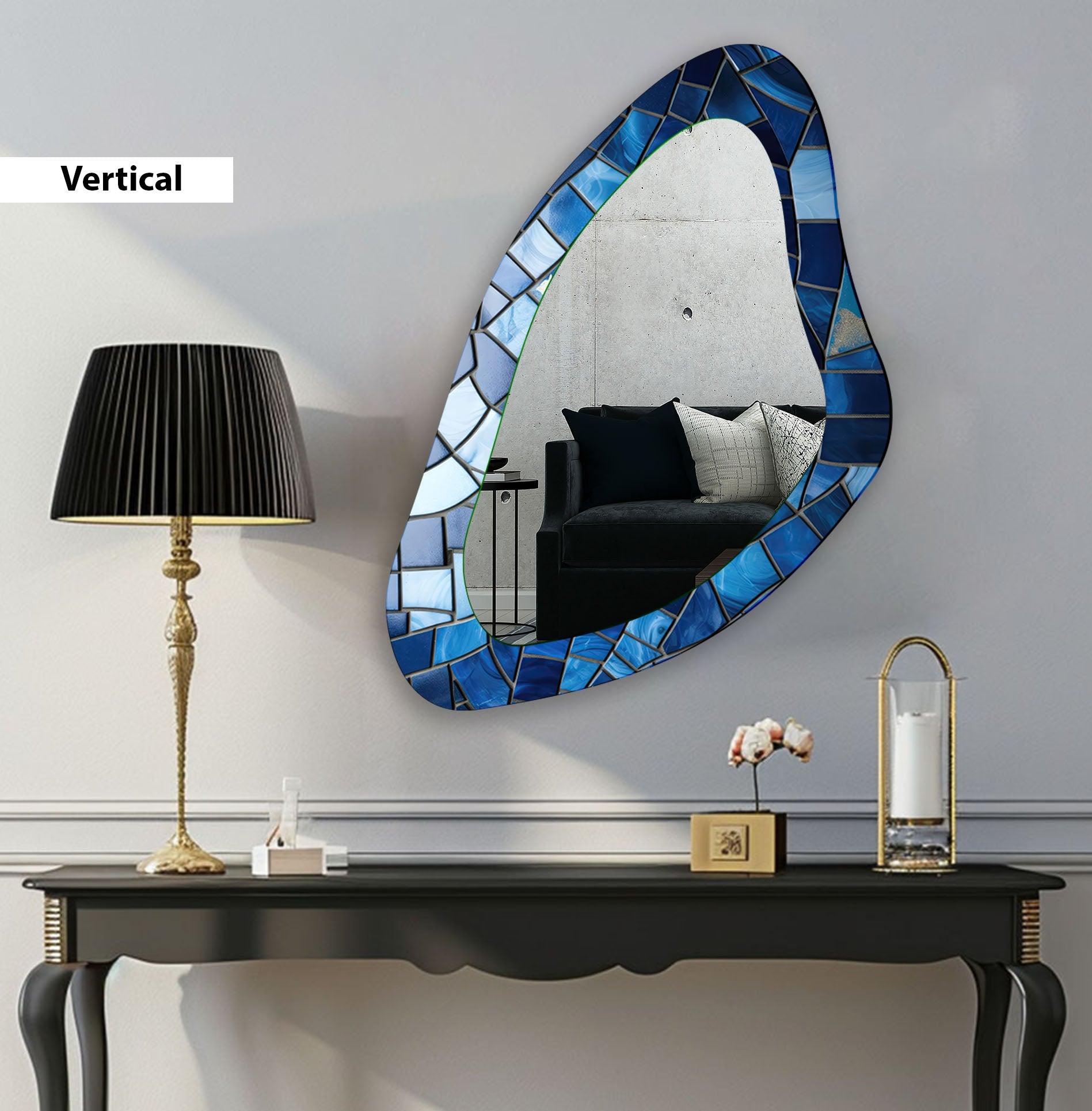 Blue Mosaic Decorative Wall Mirror - Handcrafted Boho Style Accent Mirror for Living Room, Bedroom, or Bathroom Decor