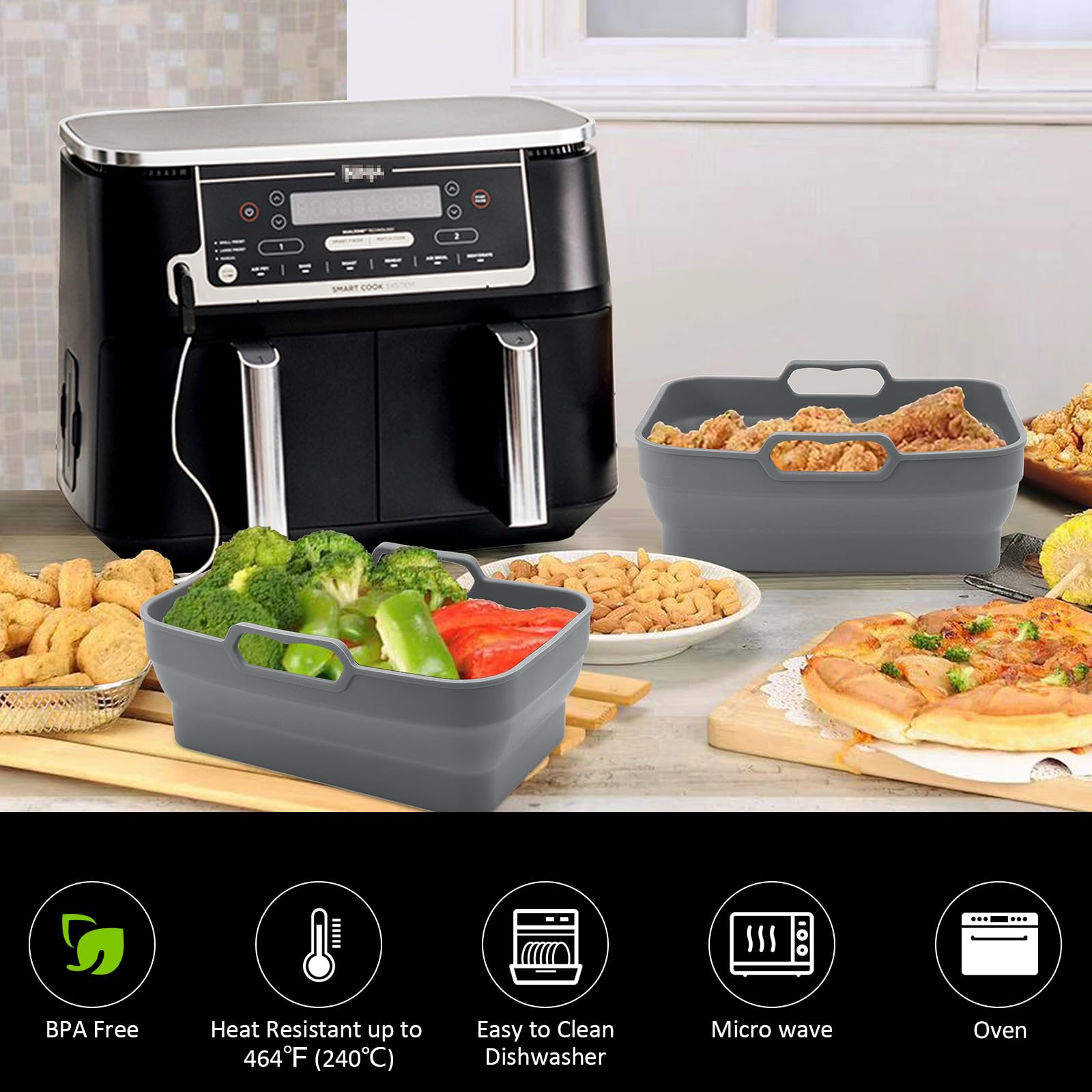 Ninja AF300EU 7.6L Air Fryer Silicone Liners - 2 Pack Reusable Tower Air Fryer Basket with Foldable Tray - Perfect for Healthy Cooking, Roasting, and Baking at Home