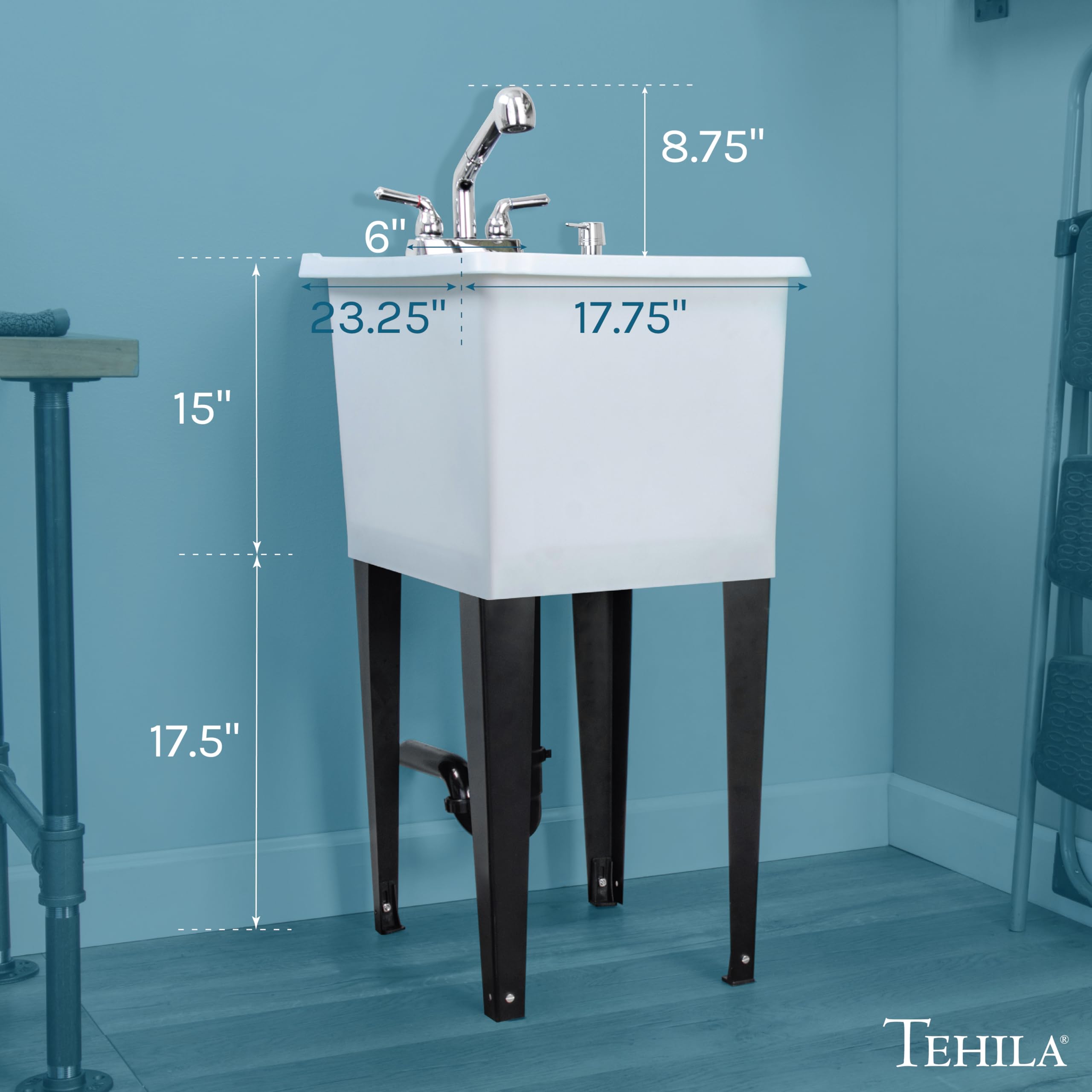White Space-Saving Utility Sink with Chrome Pull-Out Faucet & Soap Dispenser | Freestanding Laundry Tub by JS Jackson Supplies | Perfect for Small Laundry Rooms, Basements & Garages