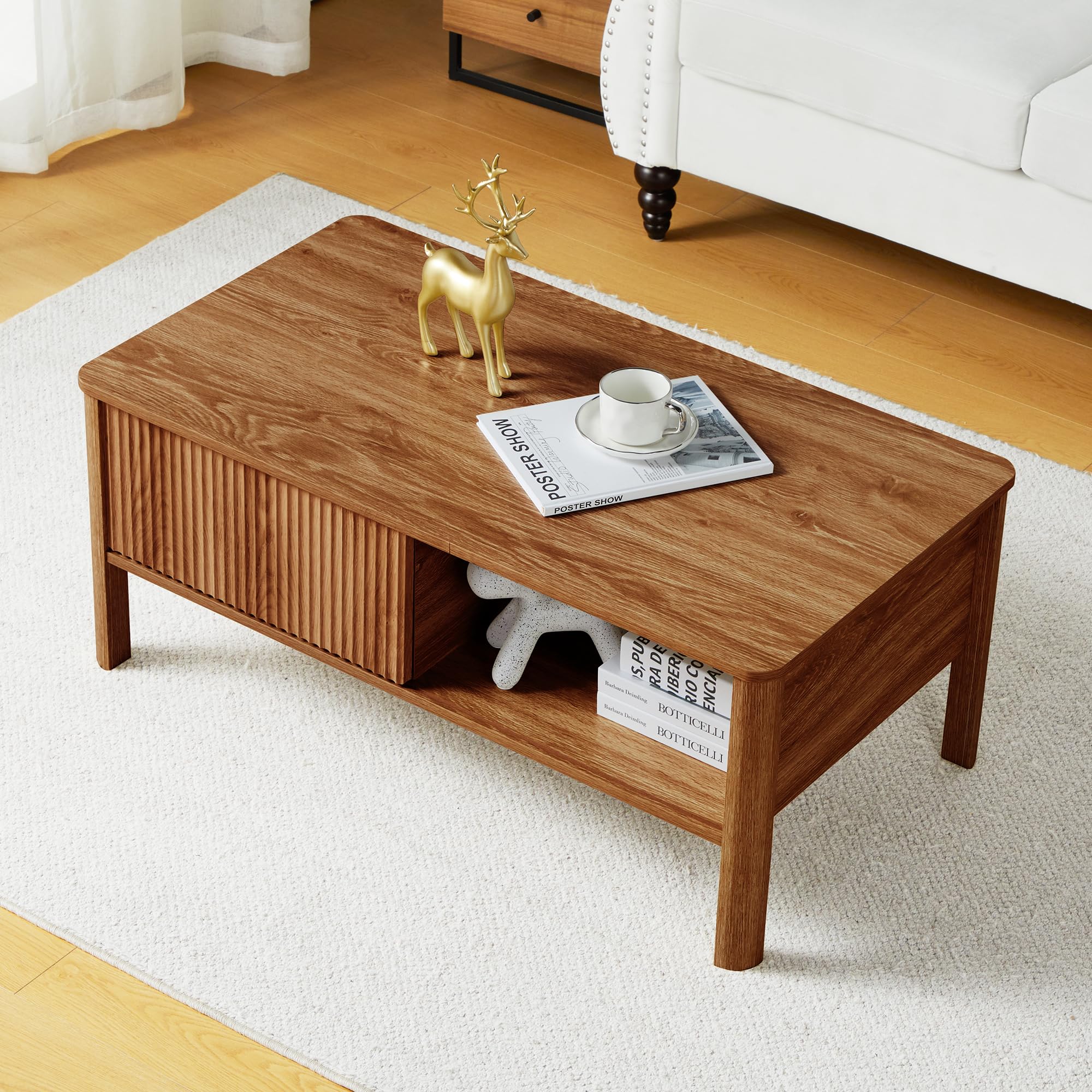 Mid-Century Modern Rectangular Wood Coffee Table with Dual Storage Shelf & Waveform Sliding Door - Walnut Finish - Perfect for Living Room, Apartment, and Dining Area - Stylish & Functional Storage Center for Home Decor