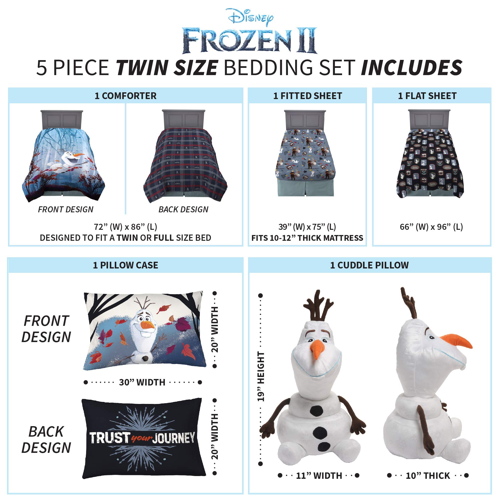 Disney Frozen 2 Olaf Twin Size 5-Piece Kids Bedding Set - Comforter, Sheets & Cuddle Pillow for Cozy Bedroom Decor | Perfect for Frozen Themed Rooms, Sleepovers & Gift Giving