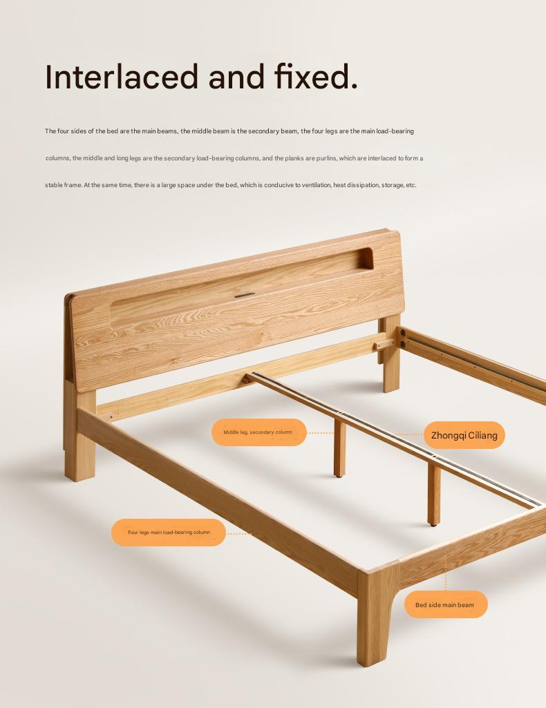 Solid Oak and Beech Wood Bed with Built-in LED Lights and Bookshelf - Modern Bedroom Furniture for Small Spaces, Lofts, and Studio Apartments