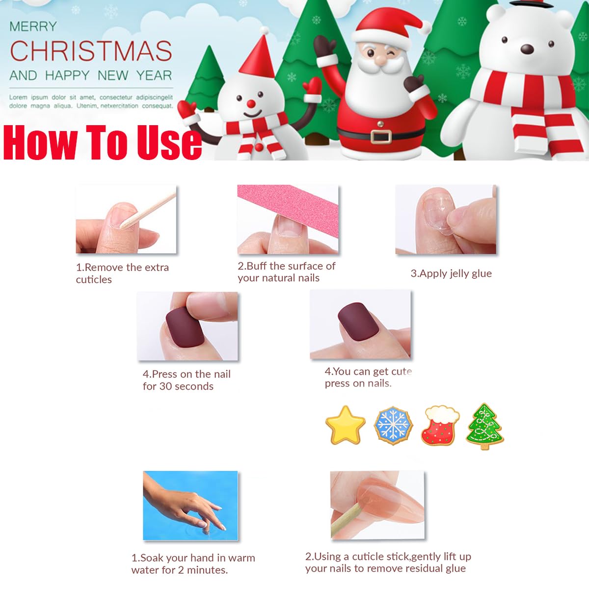 24Pcs Christmas Press on Nails - Almond Shape Fake Nails with Red Christmas Hat & French Tip Designs | Acrylic Glue on Nails | Glossy Full Cover Snowflake Bow Stick on Nails for Women | Perfect for Holiday Parties, Gift Giving & Festive Nail Art