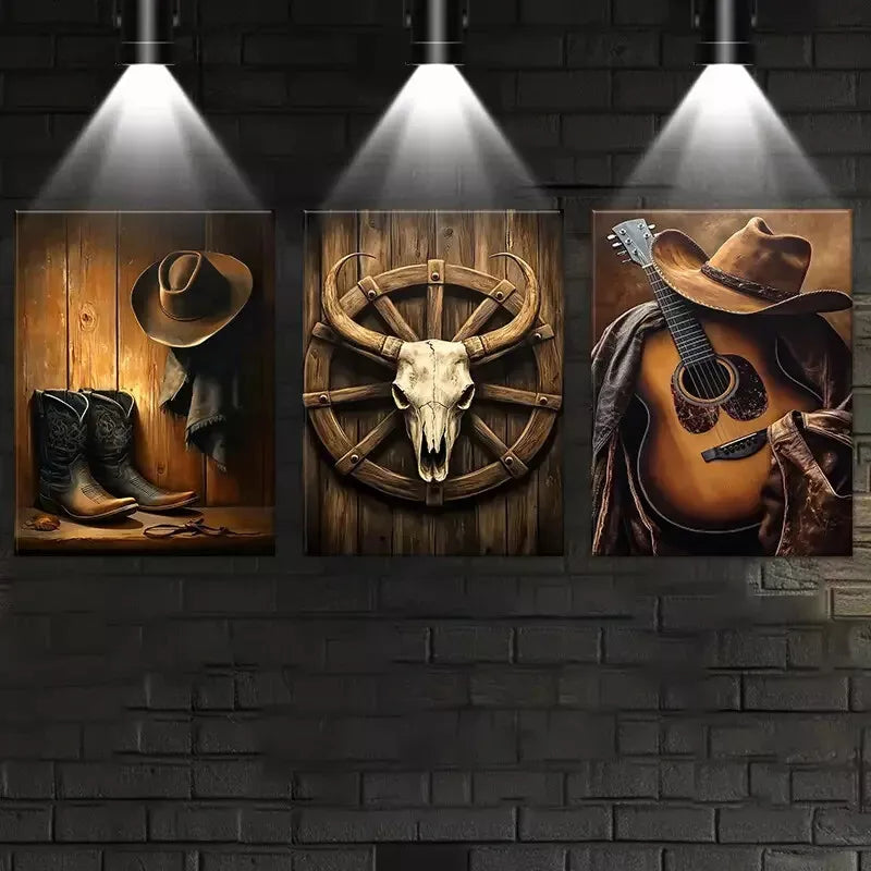 3-Piece Western Cowboy Themed Horse Guitar & Skull Wall Art Set - Framed Canvas 50x70cm - High Quality Print - 100% Australian Made - Ready to Hang - Perfect for Western Home Decor, Cowboy Bar, Ranch or Man Cave Wall Art