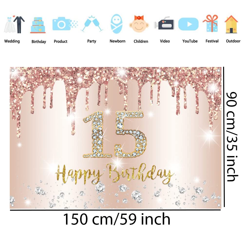 15th Birthday Decorations for Girls - Rose Gold Fabric Backdrop Banner, 59