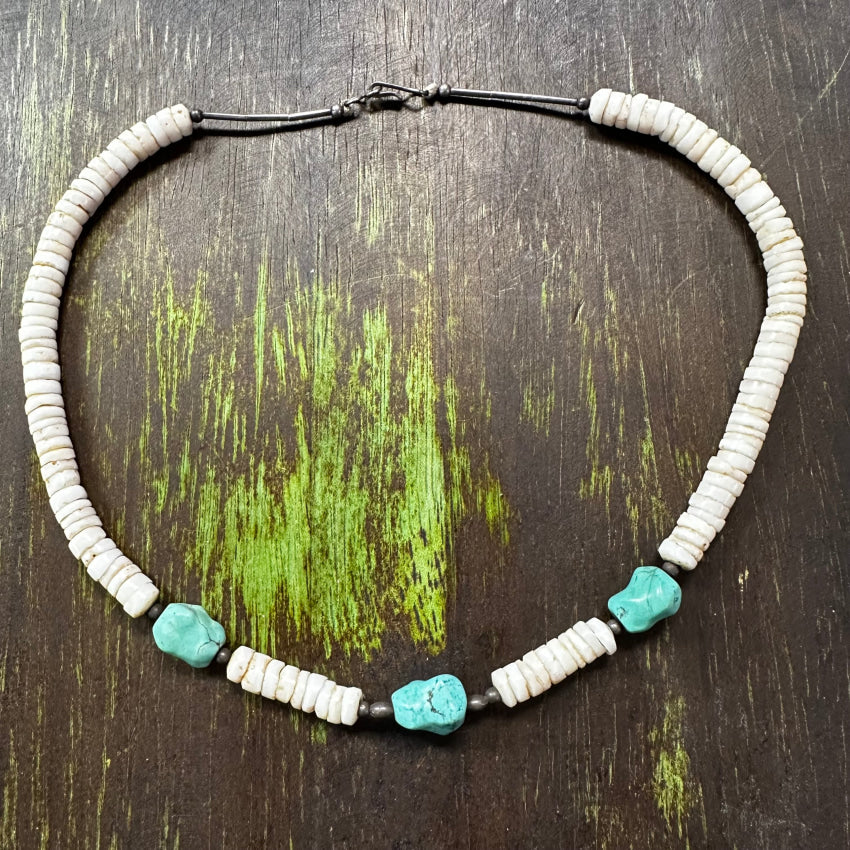 Vintage Chunky White Cone Shell Turquoise Necklace - Handmade Boho Jewelry for Women - Perfect for Beach Parties, Festivals & Layering Outfits