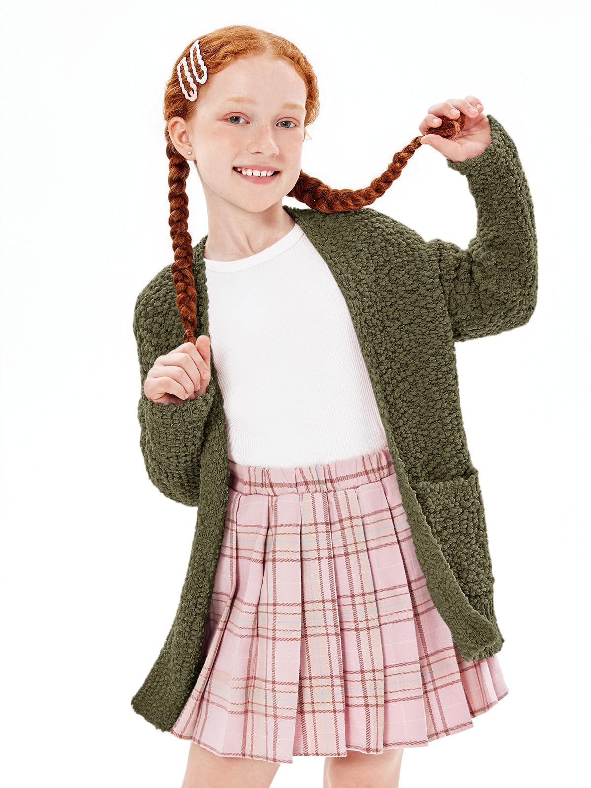 Imily Bela Girls Cardigan Sweater - Open Front Popcorn Knit Long Sleeve Coat with Pockets | Cute & Cozy Fall Winter Outfit for School, Playdates & Family Photos