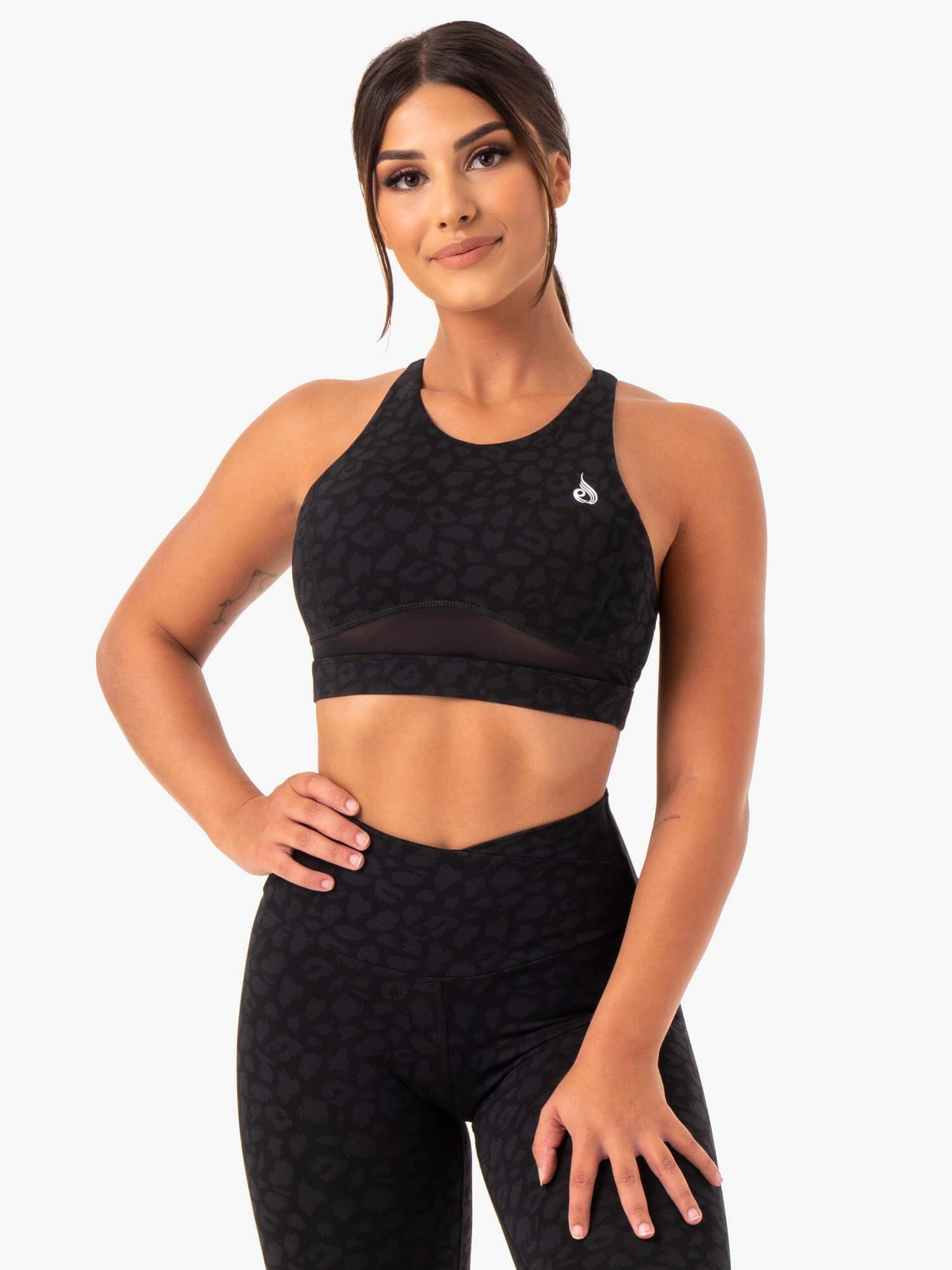 Amazon Mesh Sports Bra for Women - Breathable Black Leopard Print Workout Top for Running, Yoga & Gym