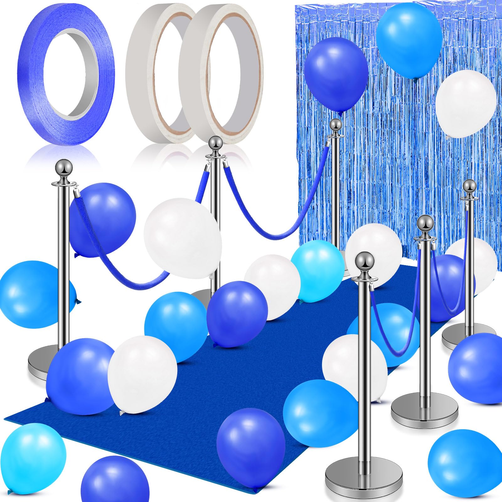76 Pcs Blue Carpet Runner Party Set with Floor Runner, Double-Sided Tape, Stanchion Posts, Velvet Ropes & Balloons - Wedding, Red Carpet Event, Birthday Party Decorations