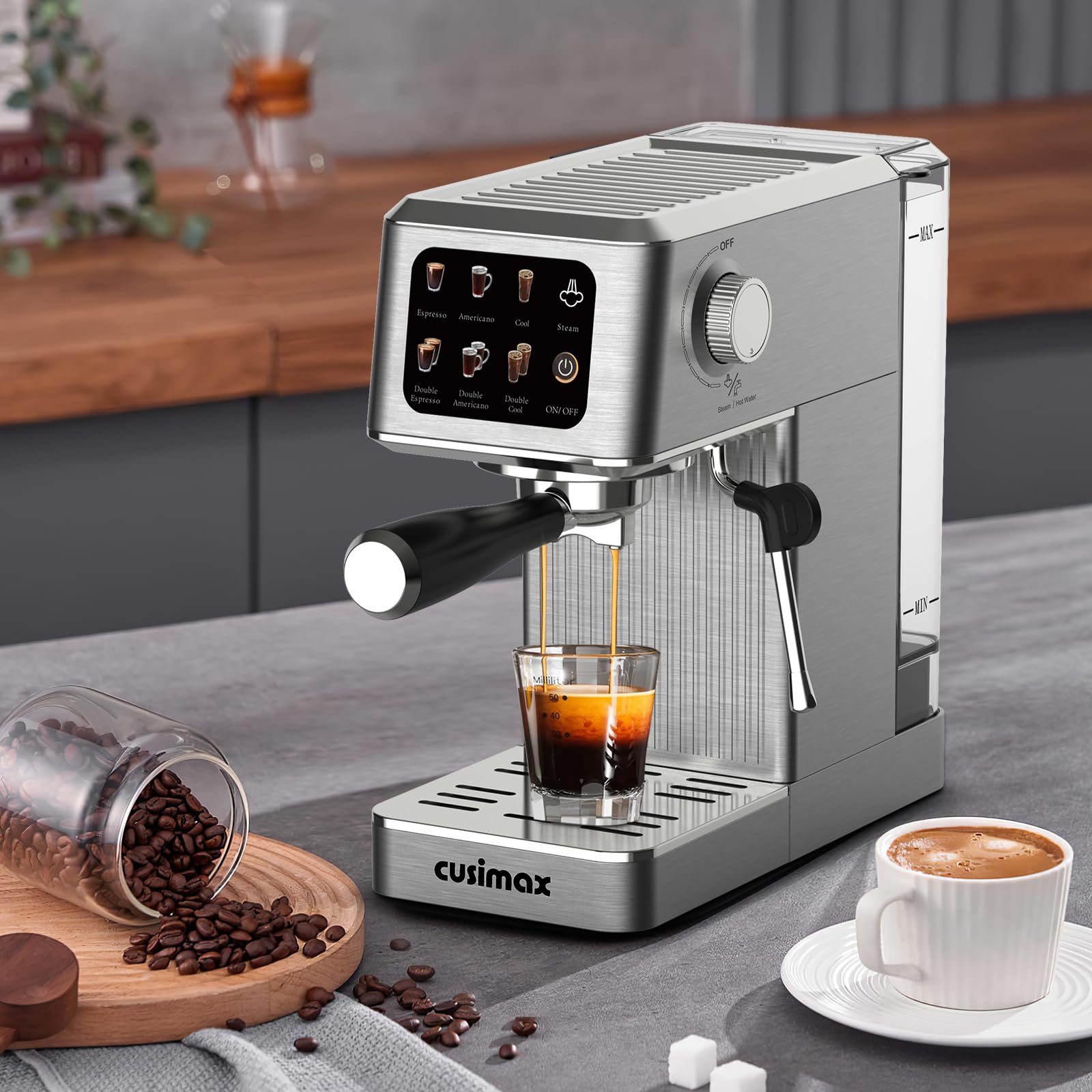 CUSIMAX 20Bar Espresso Machine with Touchscreen & Milk Frother - 1350W Stainless Steel Coffee Maker for Home, 34oz Removable Water Tank - Perfect for Lattes, Cappuccinos & Home Barista Brewing