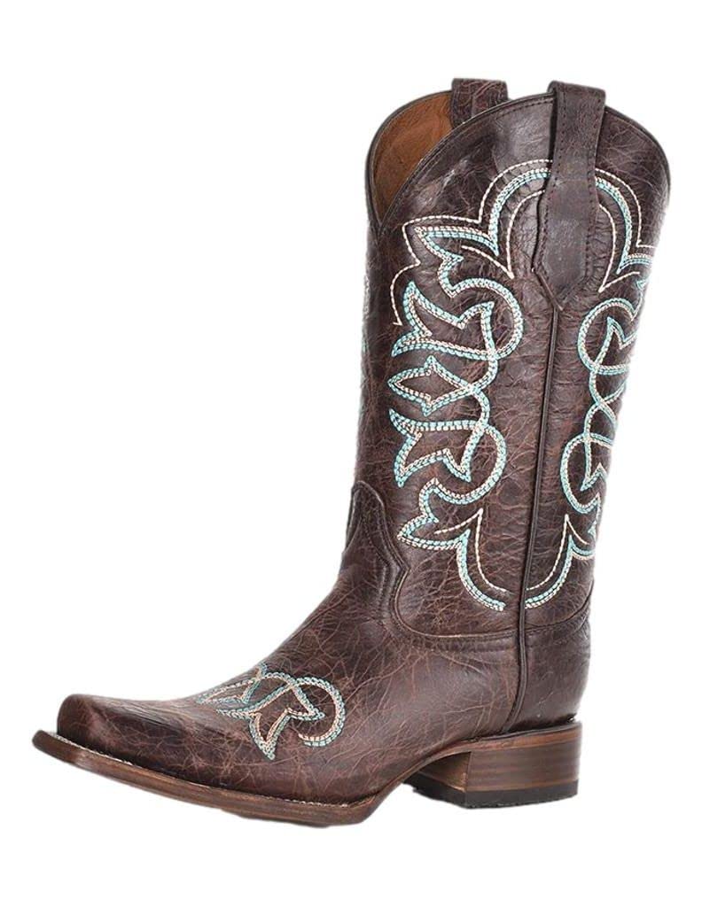 Women's Corral Boots - All Black Tooled-Inlay Square Toe Casual Mid Calf Boots with 1-2