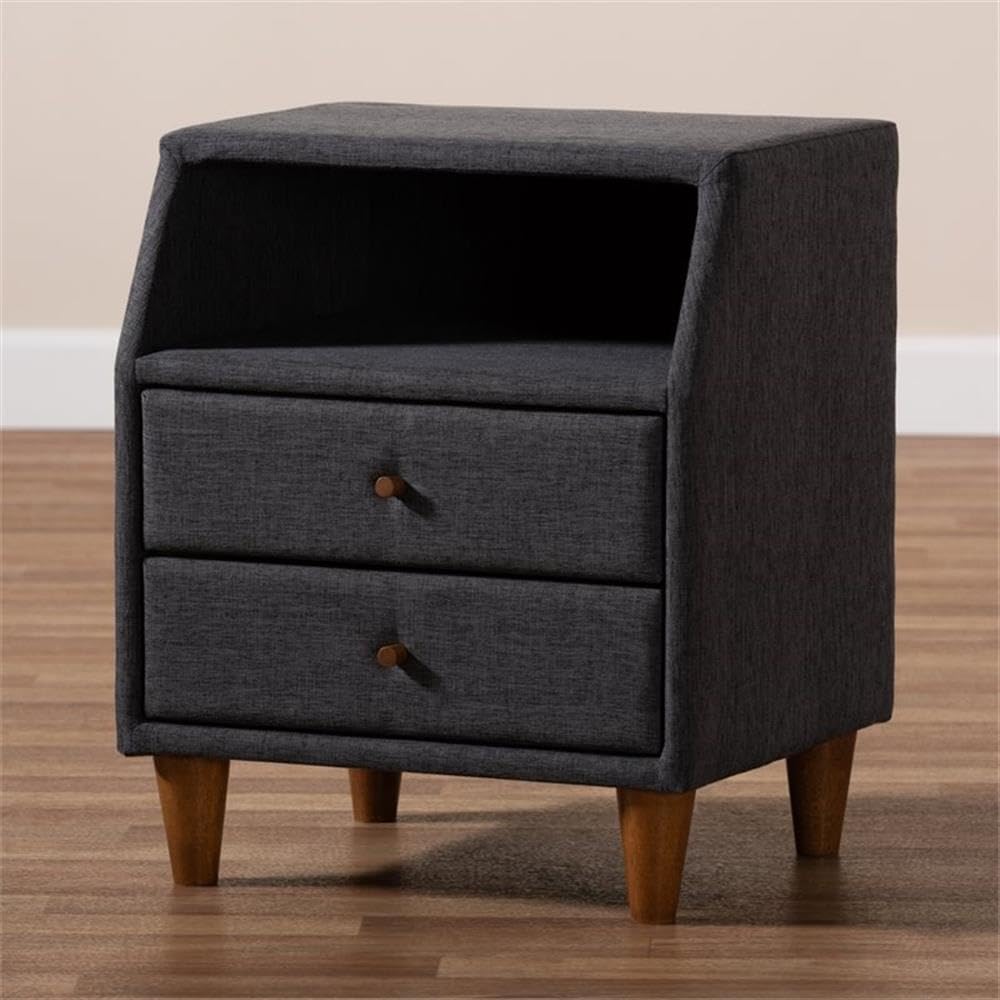 Baxton Studio Claverie Mid-Century Modern Nightstand - Charcoal Fabric Upholstered 2-Drawer Wood Bedside Table for Bedroom Furniture & Home Decor