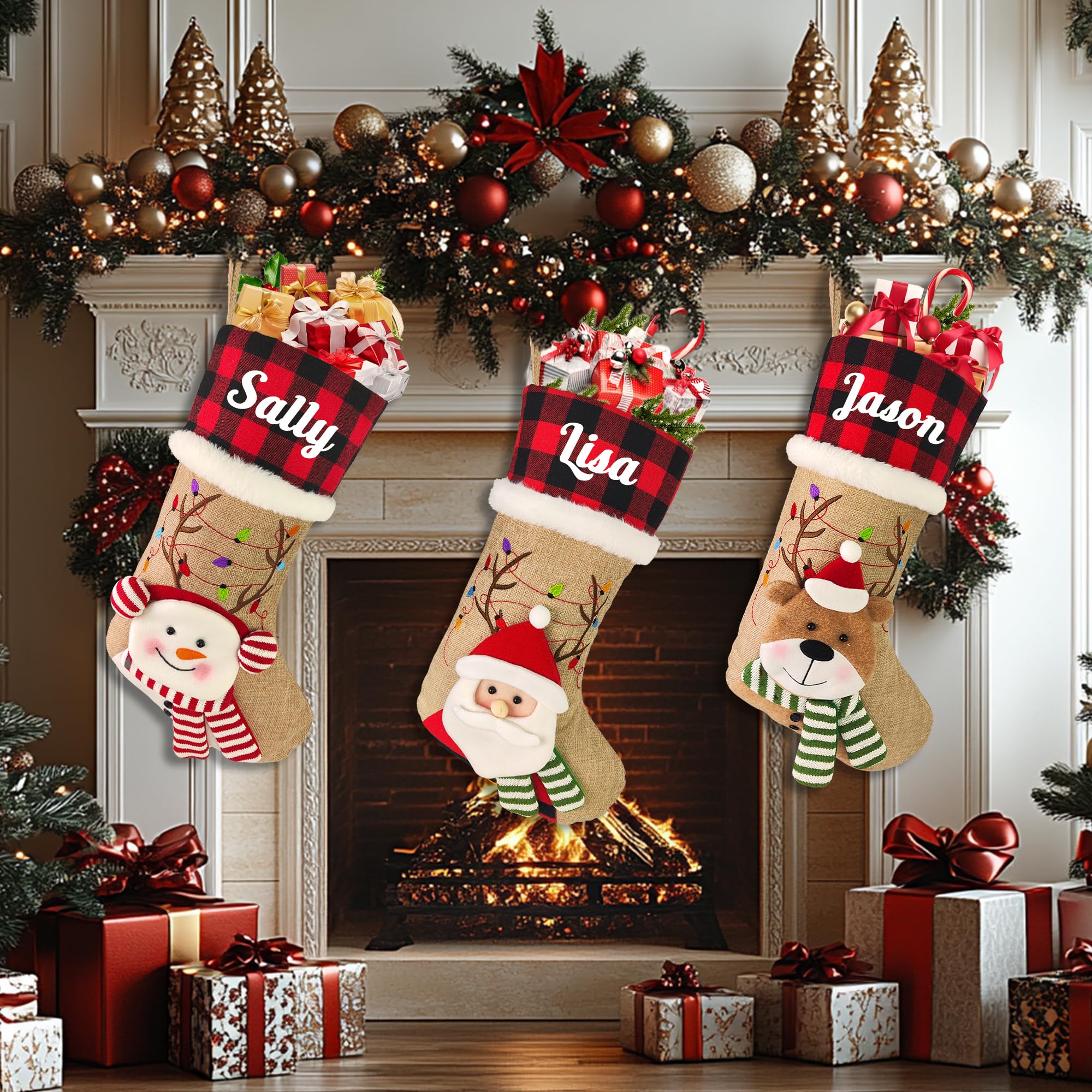 Personalized Christmas Stockings with Name - Custom Holiday Stockings for Fireplace & Tree Decor - Burlap Plaid Xmas Party Gifts for Family & Kids (3D Reindeer Design) - Perfect for Christmas Eve, Family Gatherings & Festive Home Decor