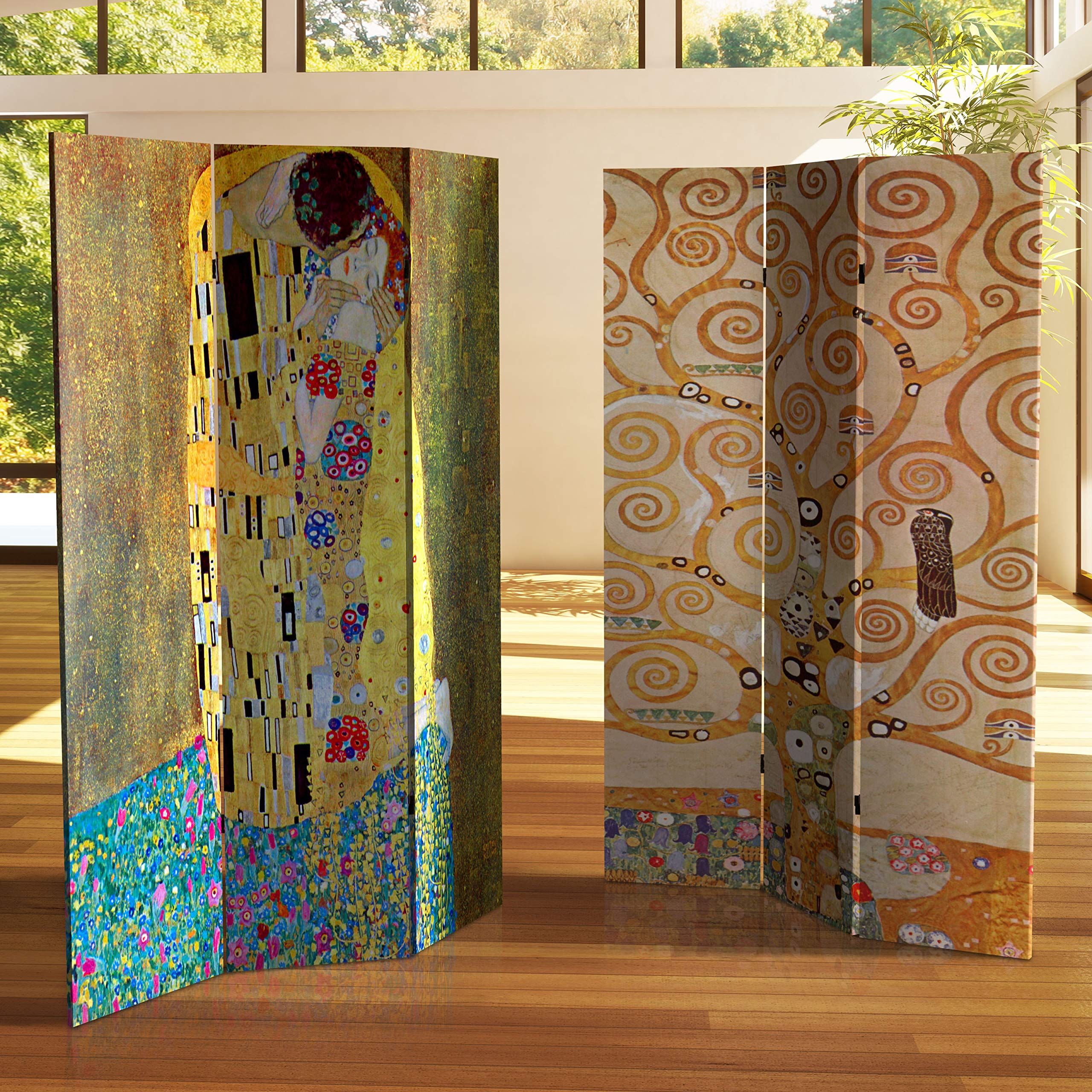 6 ft. Tall Double-Sided Klimt's The Kiss & Tree of Life Red Lantern Room Divider - 71 Inch Height, 3-Panel Wide - Perfect for Home Decor, Office Partition & Asian-Themed Events