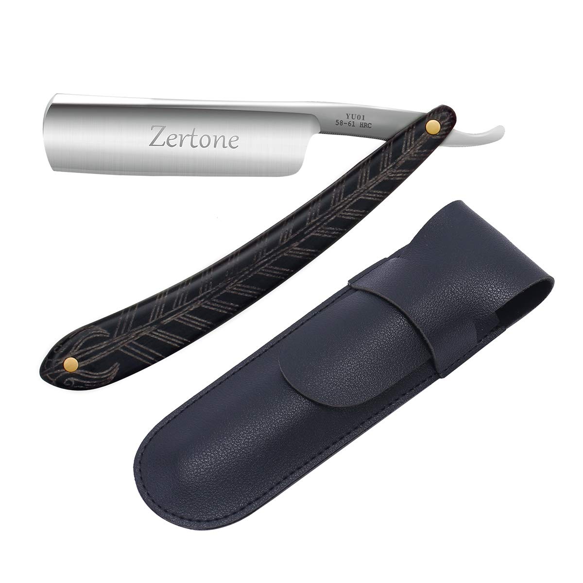 Zertone Vintage Straight Razor for Men - High Carbon Steel Blade, Genuine Wood Handle & Leather Sheath - Precision Shaving Tool with Retro Design (Black) | Perfect for Barber Shops, Grooming Gifts & Classic Wet Shaving