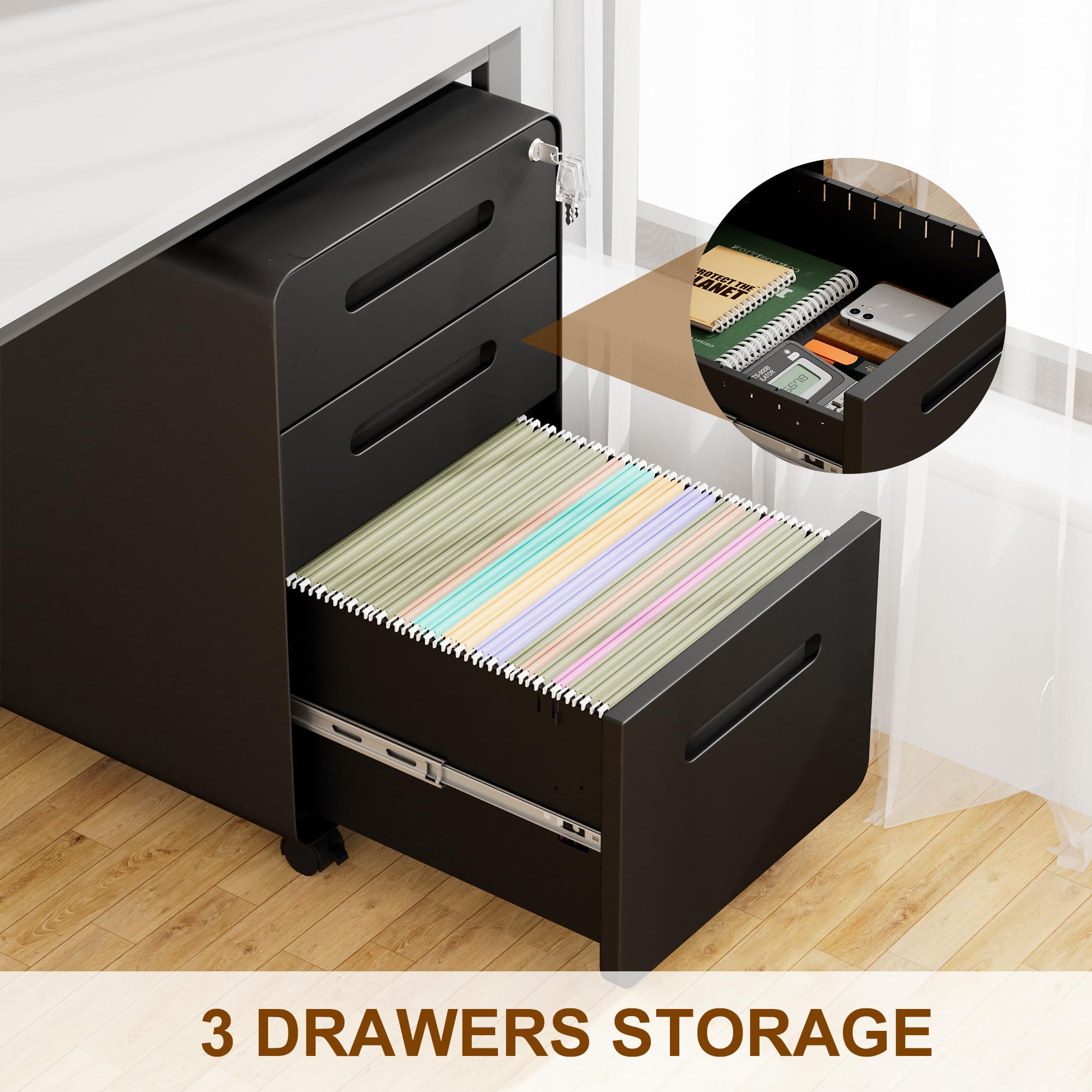 3 Drawer Locking File Cabinet with 4 Keys - Mobile Metal Filing Cabinet for Home Office - Under Desk Storage Solution - Pre-Assembled Letter/Legal/A4 Hanging File Folders - Perfect for Document Organization in Small Spaces & Workspaces