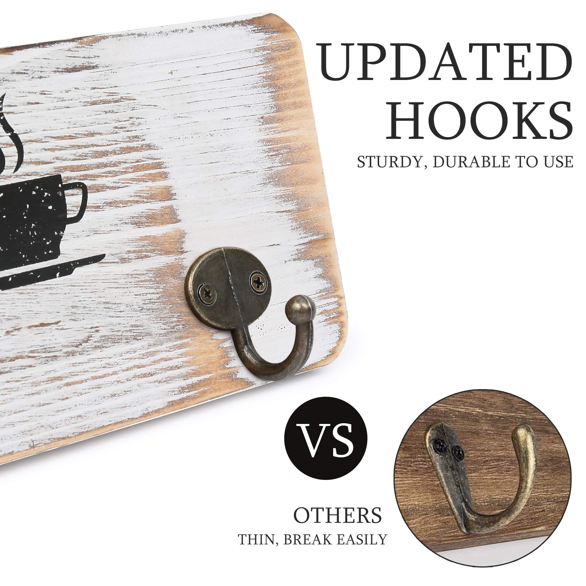 LotFancy Rustic Wall Mounted Coffee Mug Rack - Farmhouse Wood Cup Organizer with 12 Hooks for Home, Office & Kitchen Storage - White Coffee Nook Décor | Perfect for Small Space Organization & Coffee Bar Display