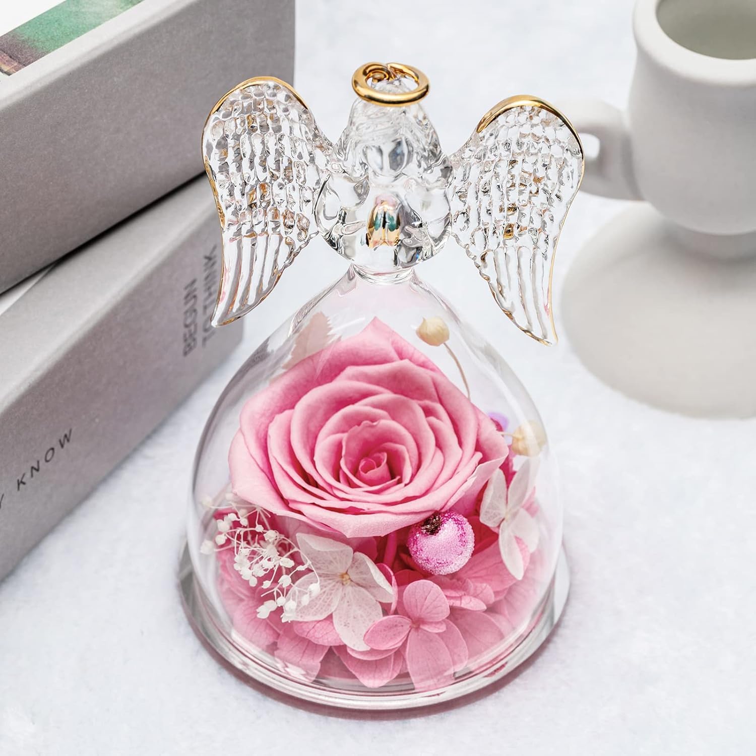 Yamonic Angel Figurine with Real Preserved Rose - Perfect Birthday Gift for Mom, Grandma, Her | Mother's Day, Christmas, Anniversary Present | Elegant Home Decor for Living Room, Bedroom (Pink)