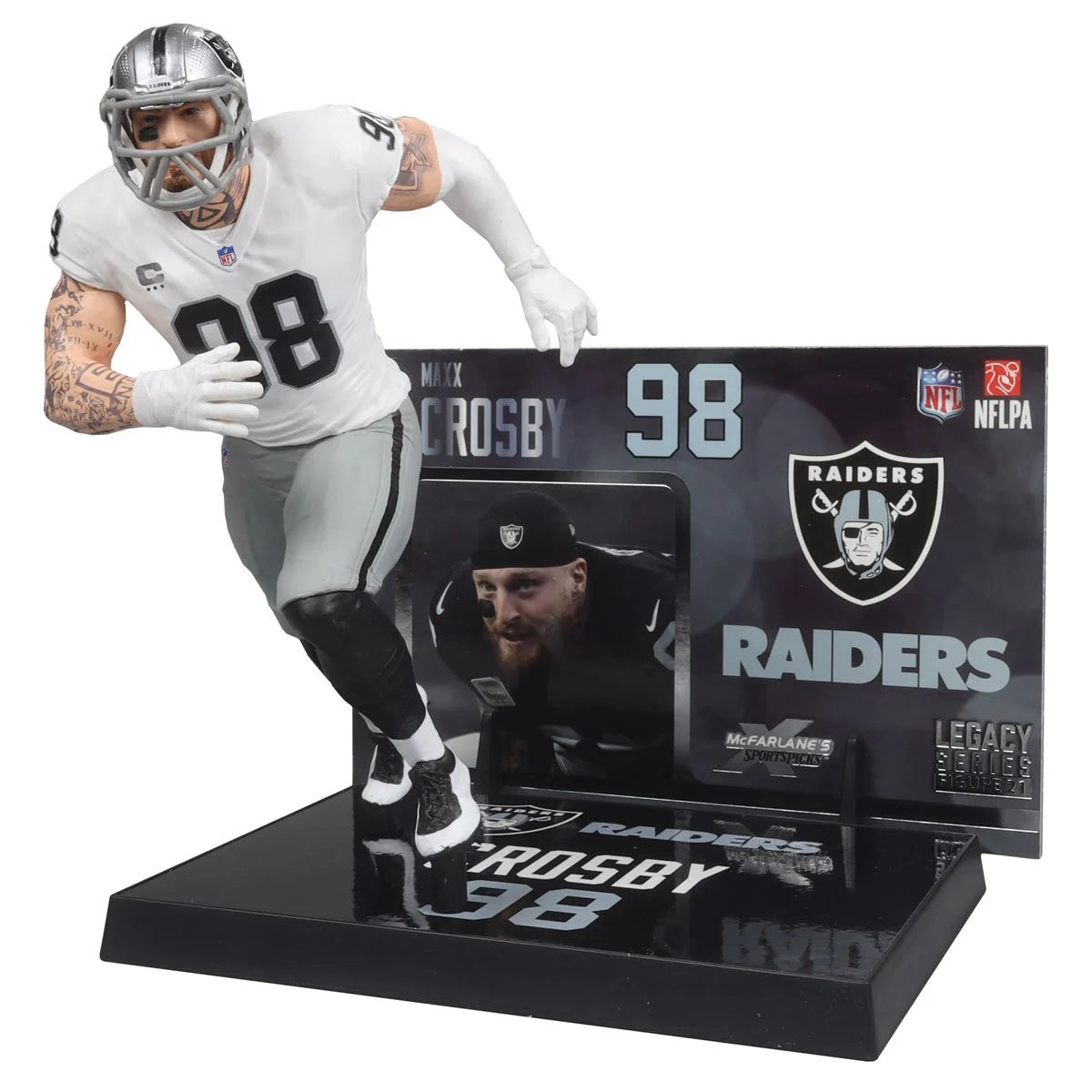 Maxx Crosby Las Vegas Raiders White Jersey NFL Platinum Chase Posed Figure 2024 - Perfect for Sports Collectors, Game Room Decor, and Raiders Fans Gifts
